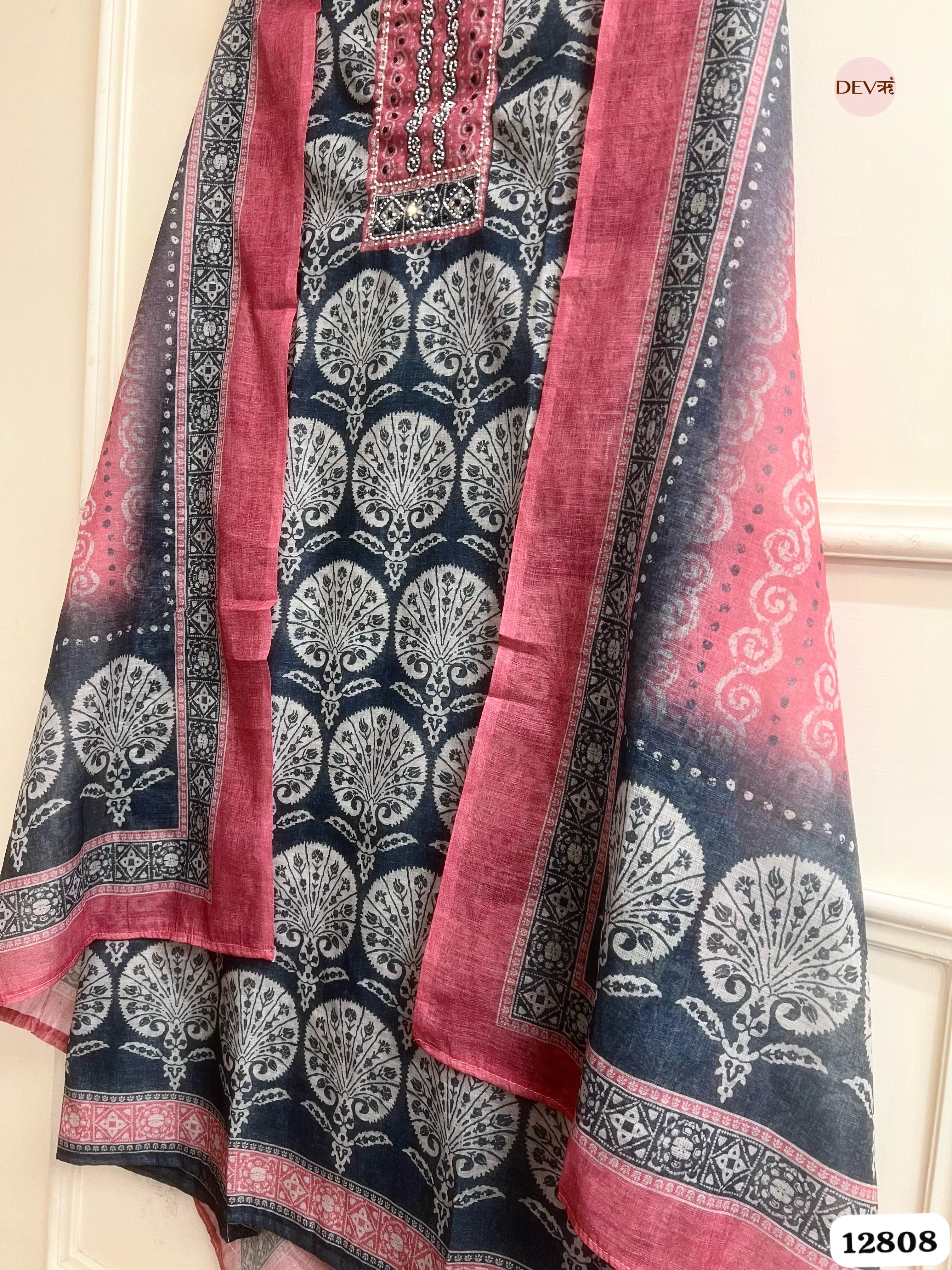 Grey Linen Cotton Printed Unstitched 3-Piece Suit (Devri – D.No 12808)