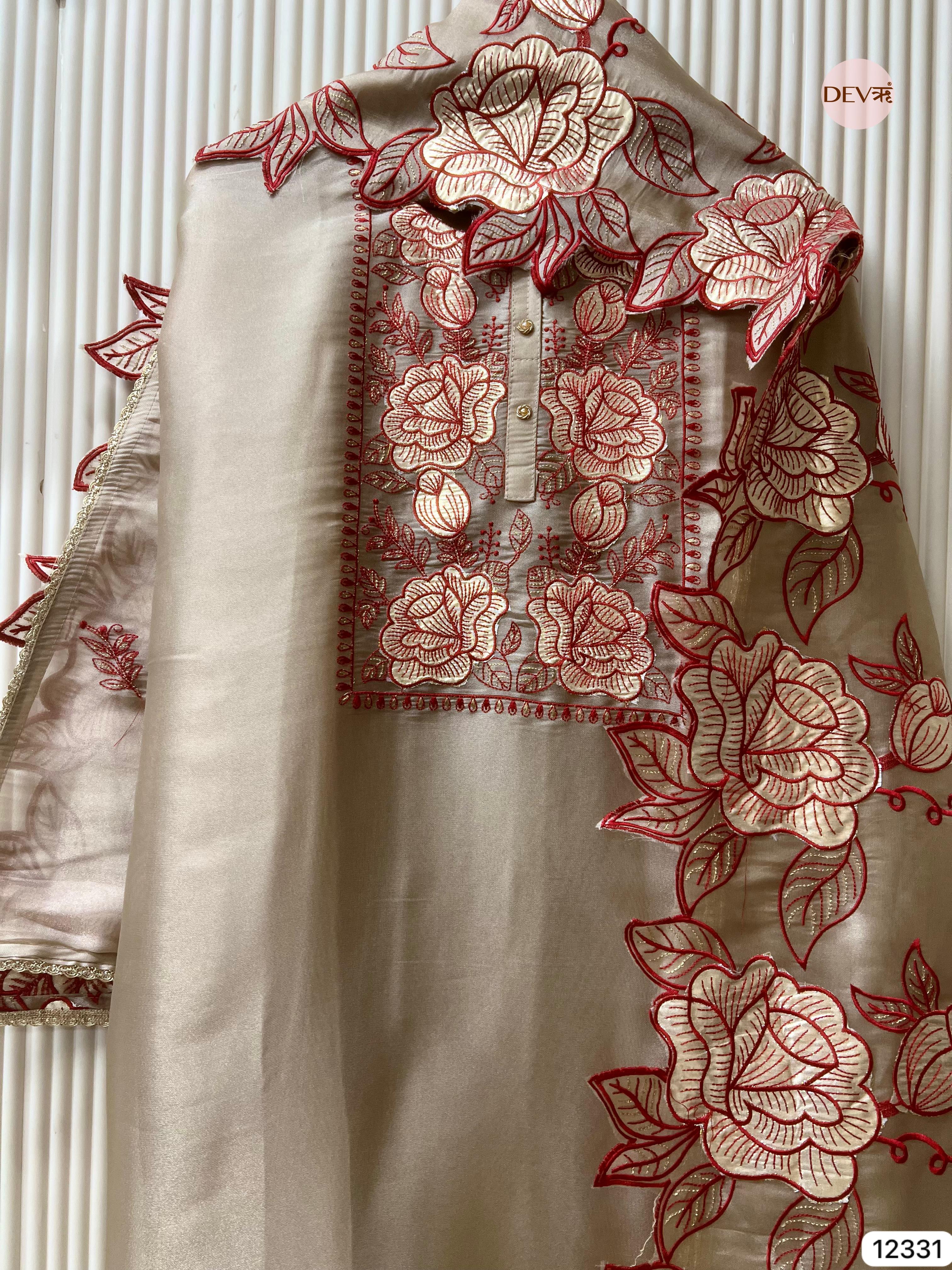 Beige Tissue Shimmer Embroidered Unstitched 3-Piece Suit (Devri – D.No 12331)