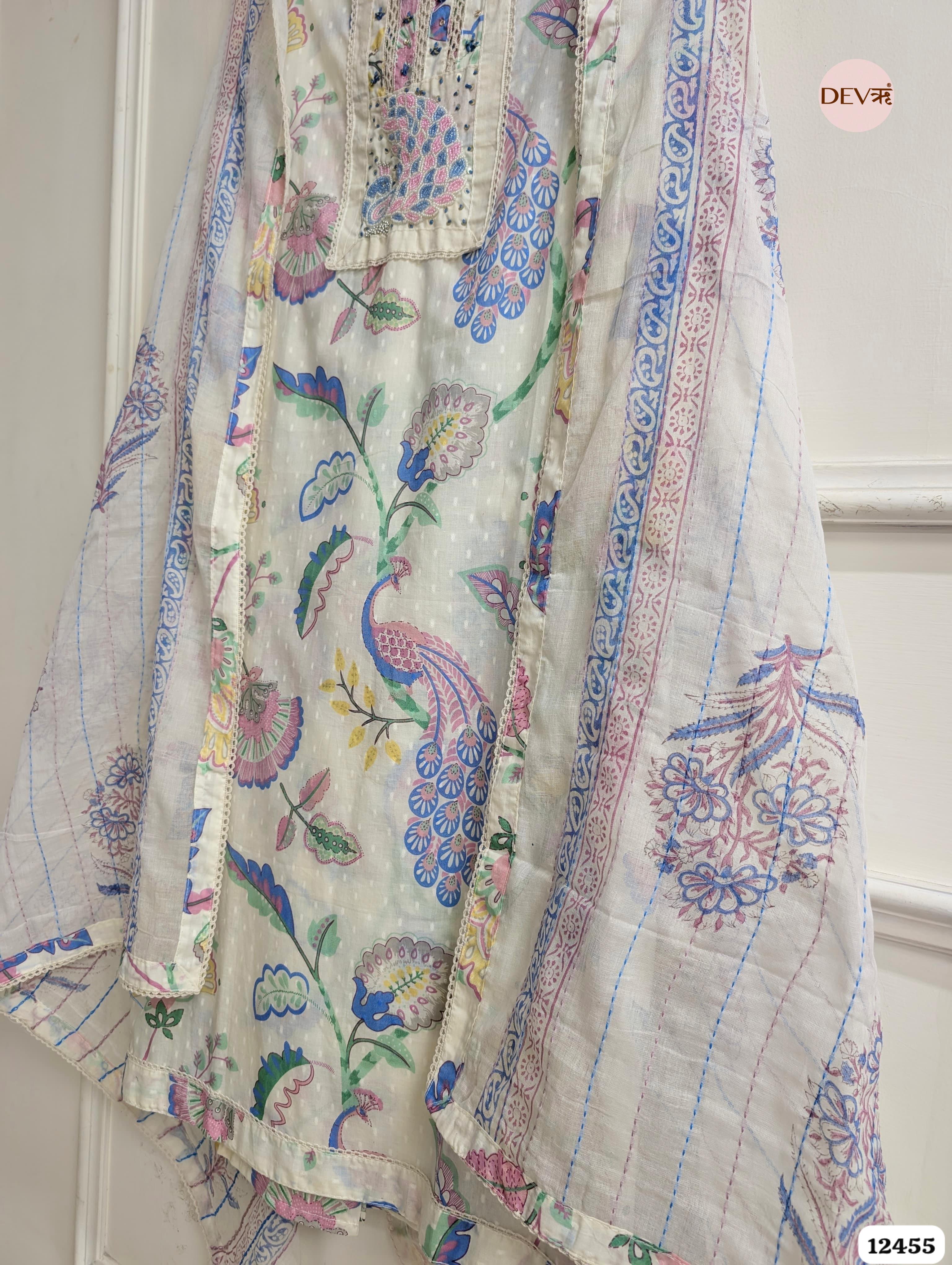 Cream & Blue Pure Cotton Printed Unstitched 3-Piece Suit (Devri – D.No. 12455)