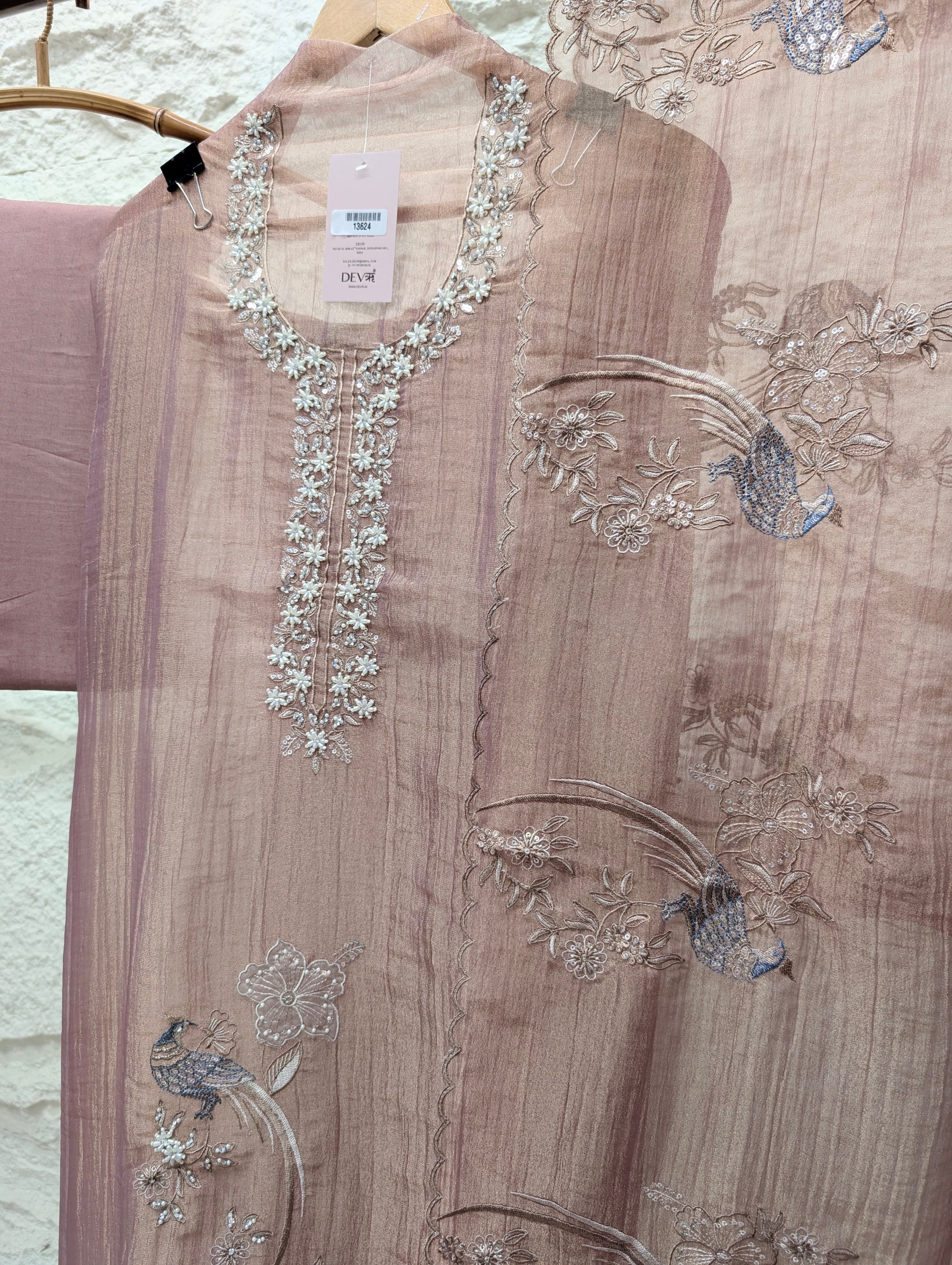 Pink Tissue Crush Silk Embroidered Unstitched 3-Piece Suit (Devri – D.No 13624)