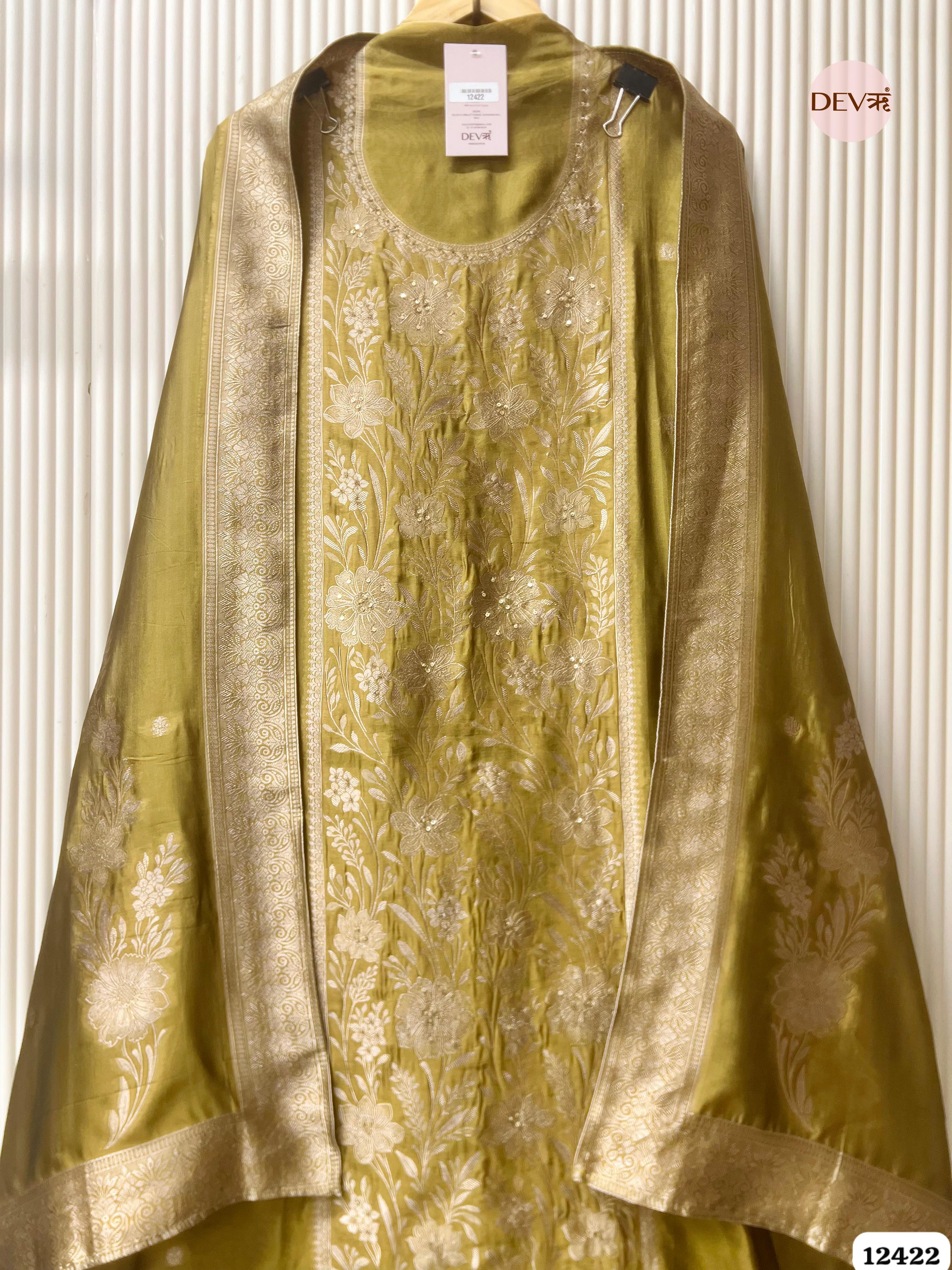 Olive Banarasi Silk Embroidered Unstitched 3-Piece Suit (Devri – D.No.12422 )