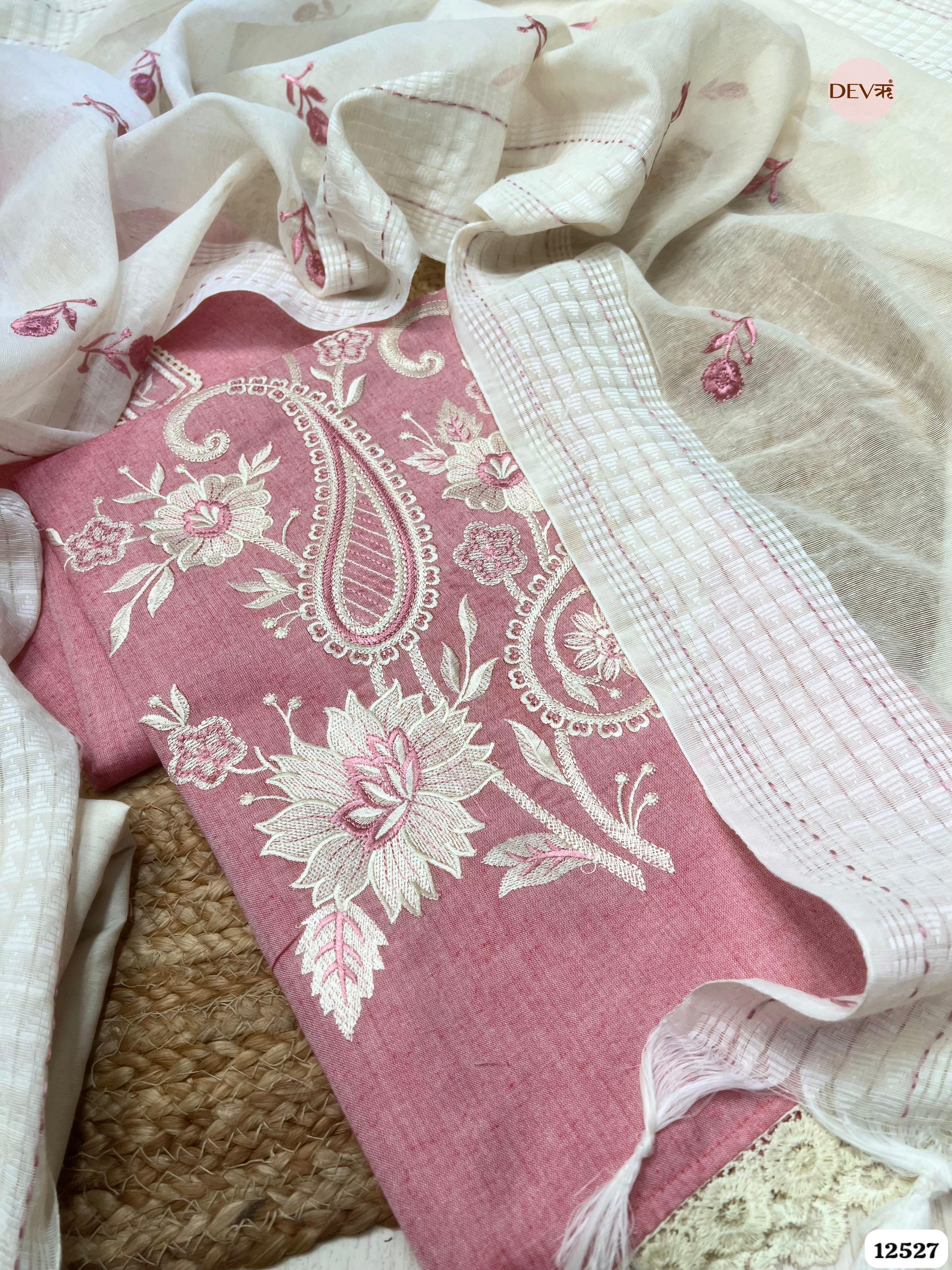 Dusty Rose Handloom Cotton Embroidered Unstitched 3-Piece Suit (Devri – D.No 12527)