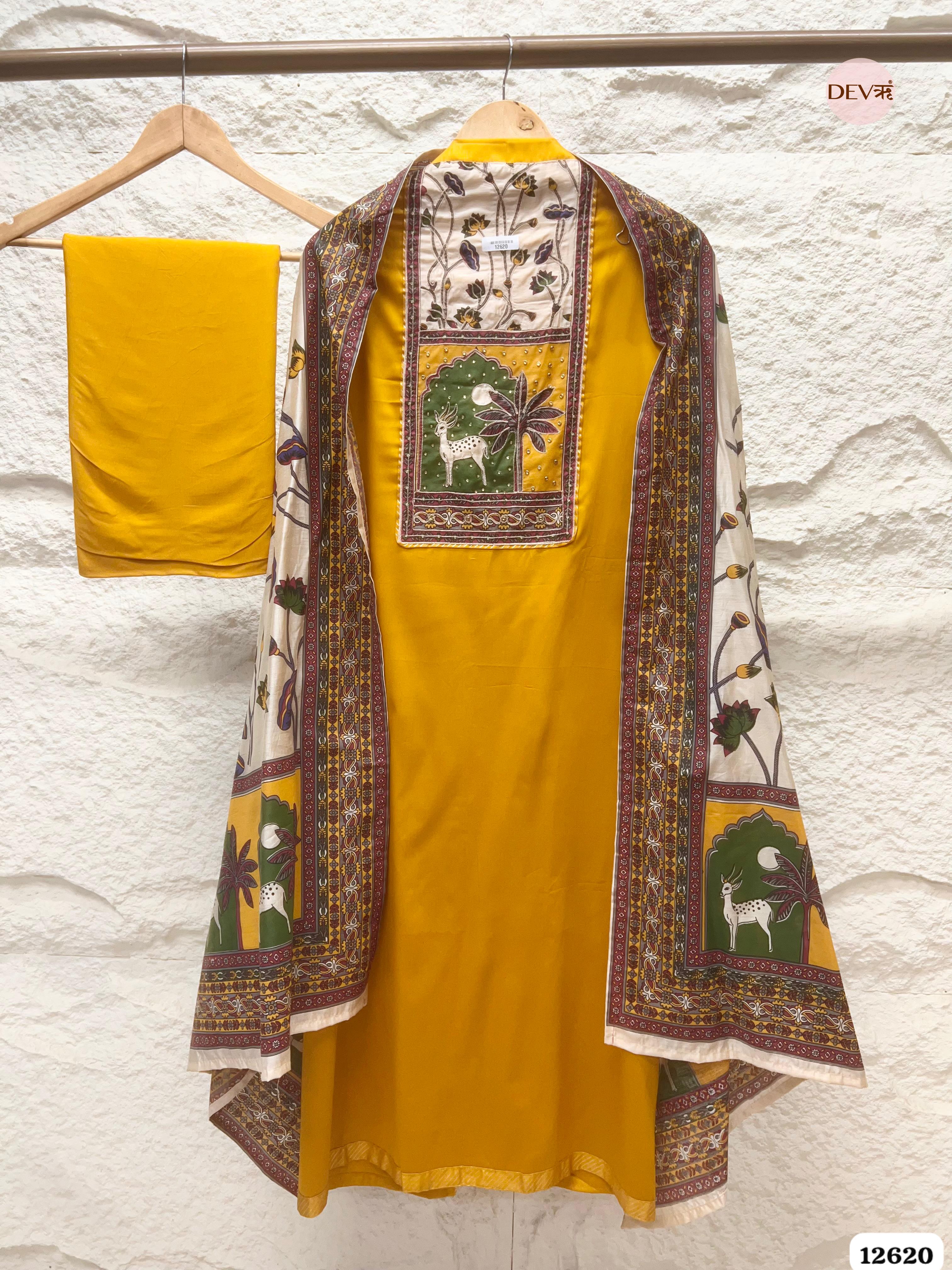 Mustard Cotton Printed Unstitched 3-Piece Suit (Devri – D.No 12620)