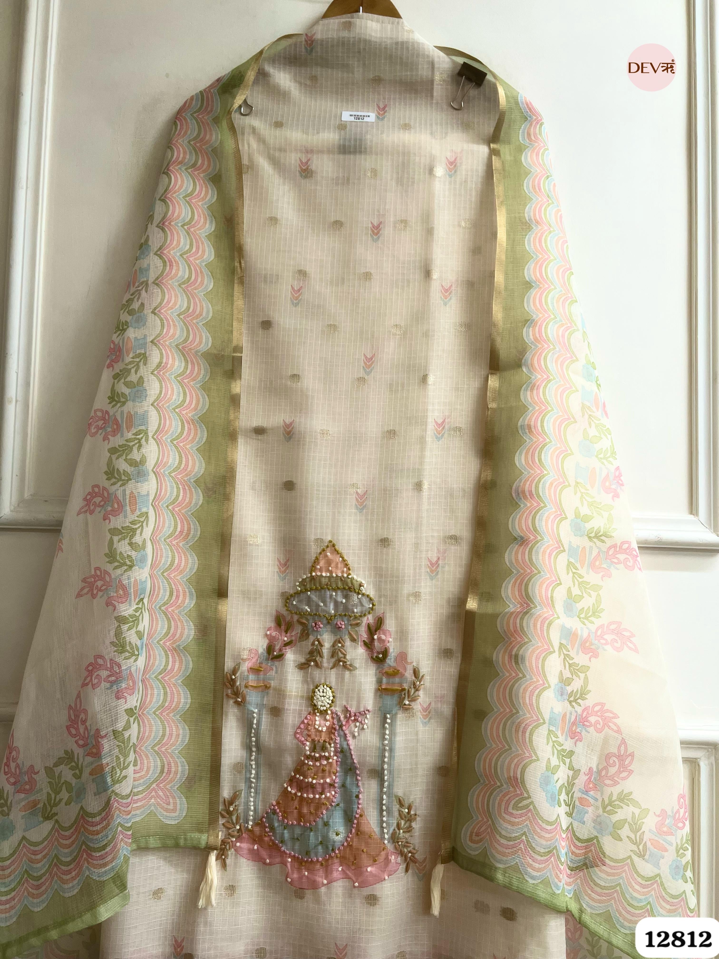 Cream Kota Printed Unstitched 3-Piece Suit (Devri – D.No 12812)