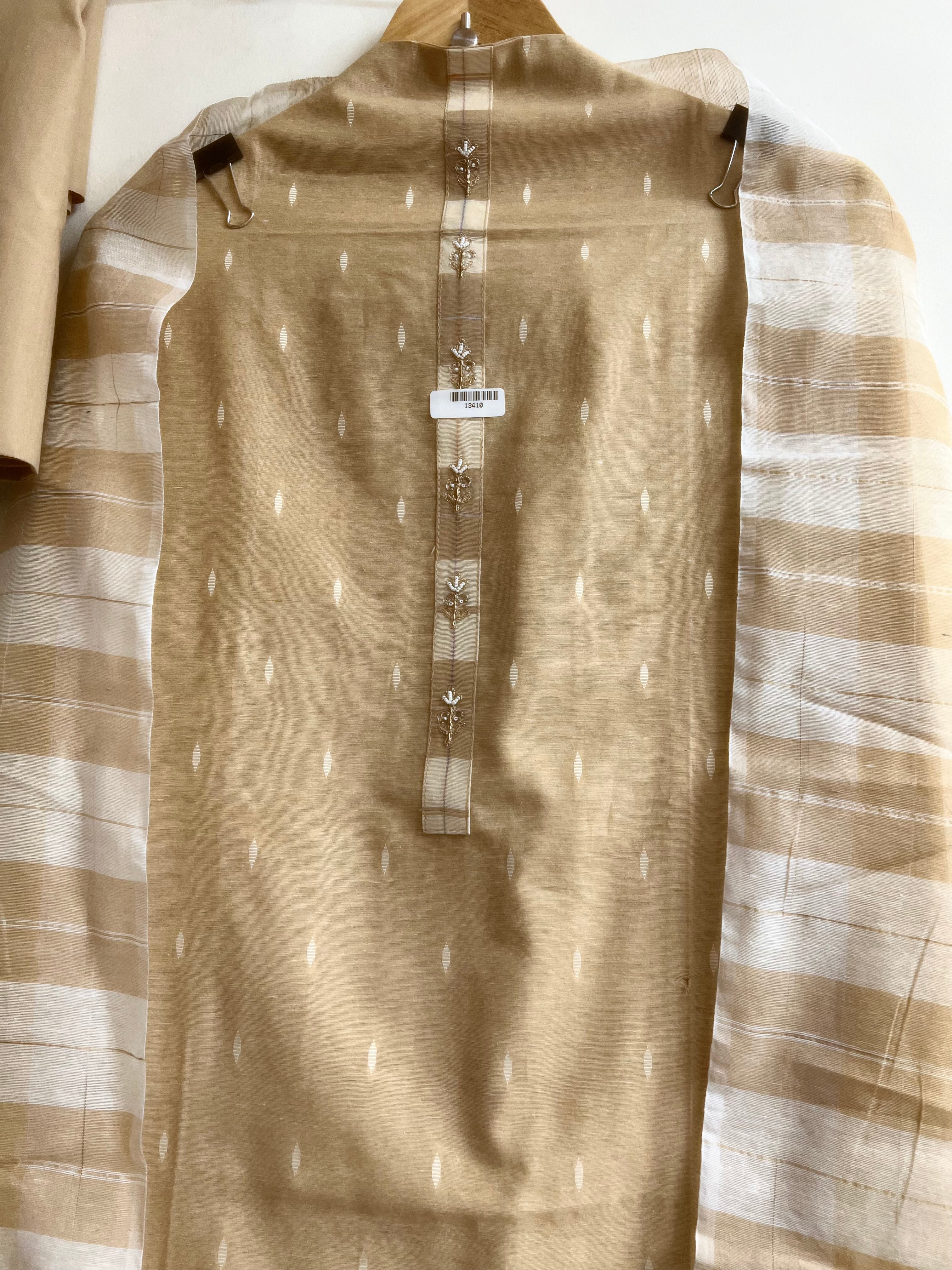 Beige Handloom Cotton Printed Unstitched 3-Piece Suit (Devri – D.No 13410)