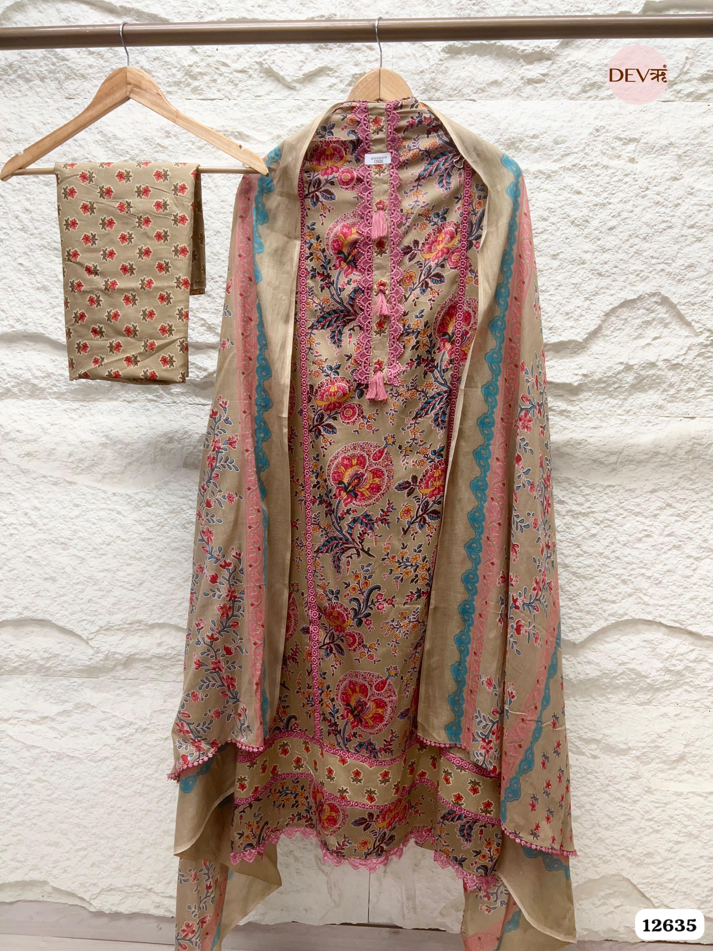 Beige Cotton Floral Printed Unstitched 3-Piece Suit (Devri – D.No 12635)