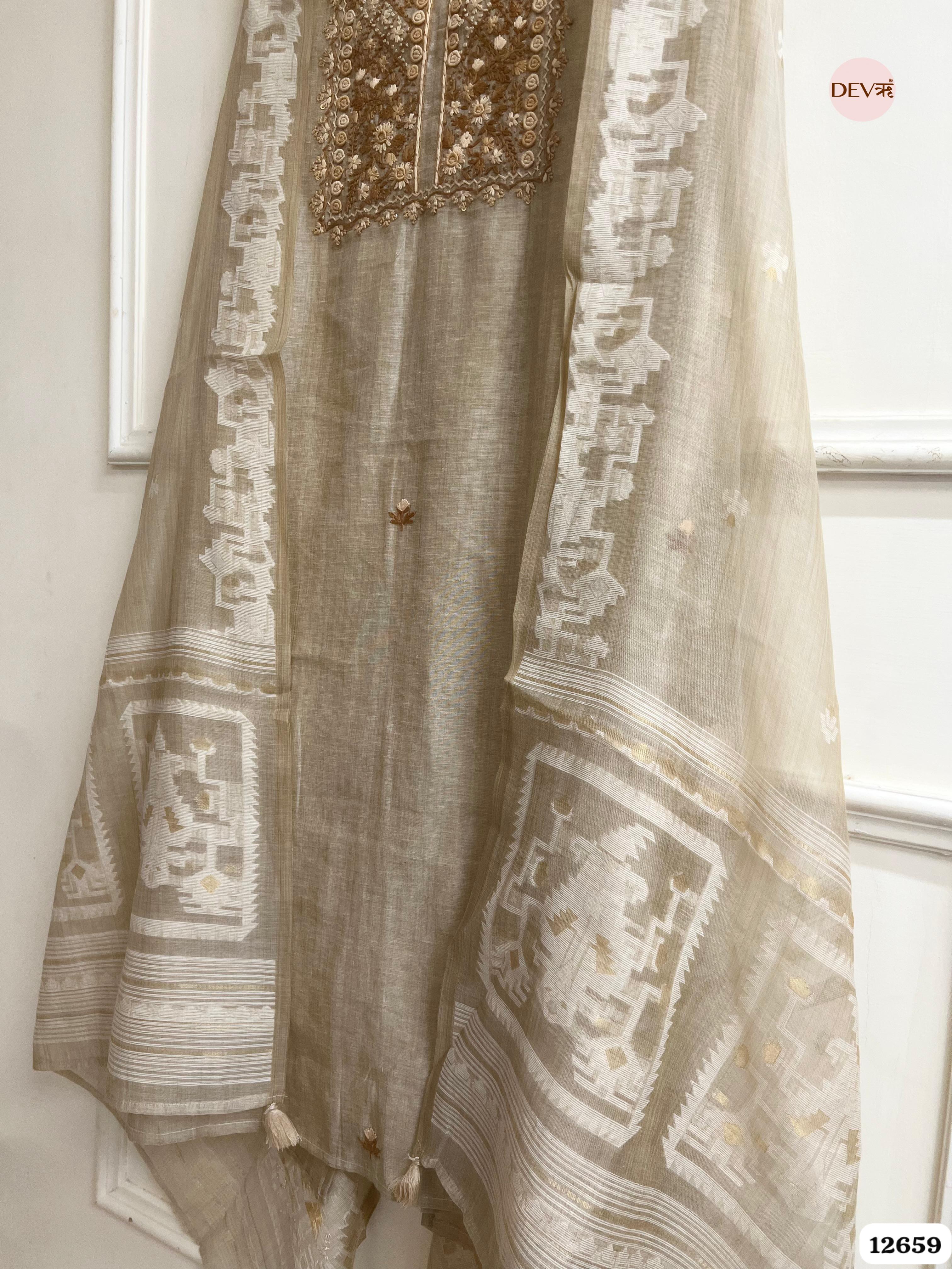 Beige Mul Chanderi Embroidered Unstitched 3-Piece Suit (Devri – D.No 12659)
