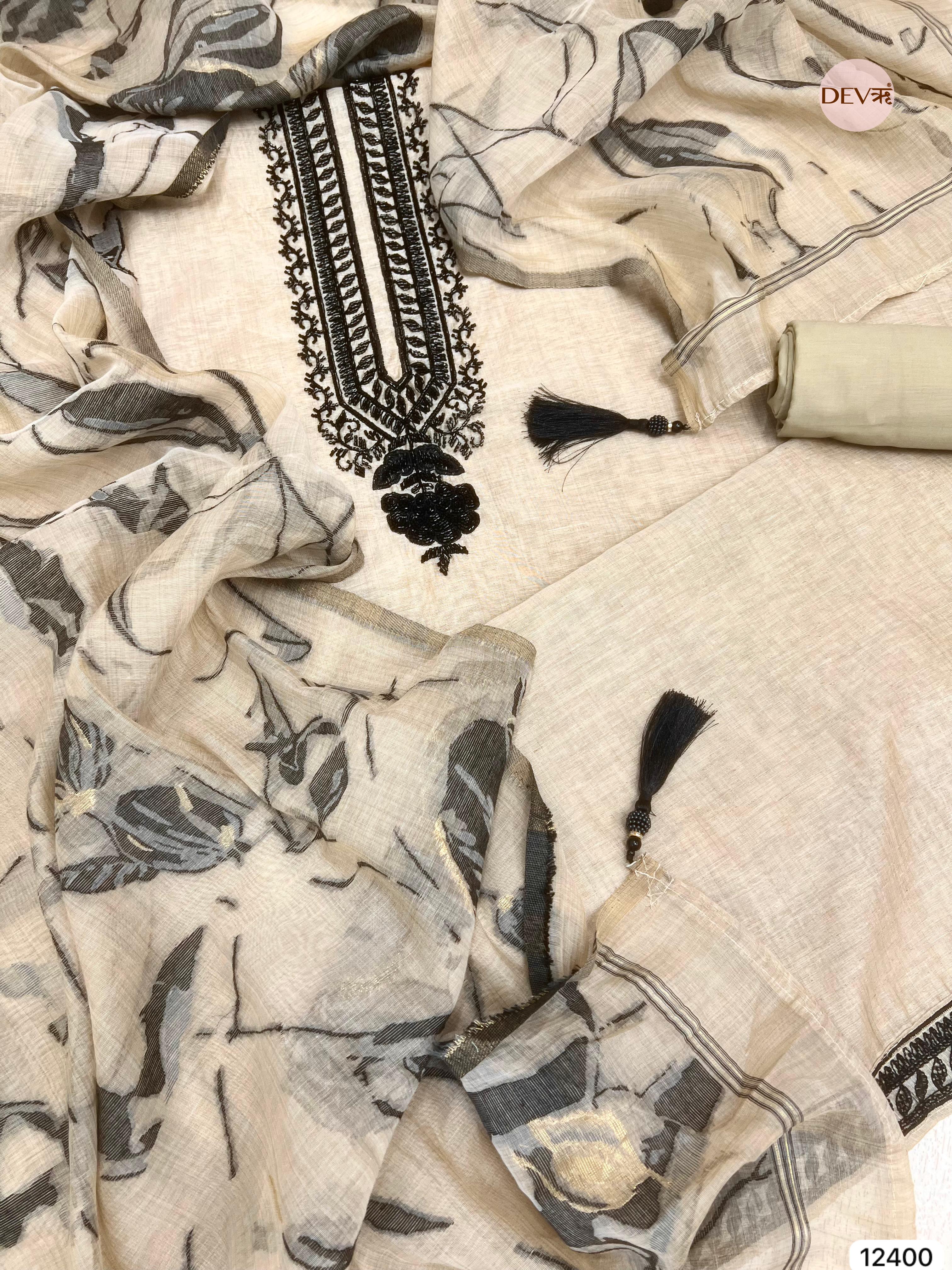 Beige Mul Chanderi Embroidered Unstitched 3-Piece Suit (Devri – D.No 12400)