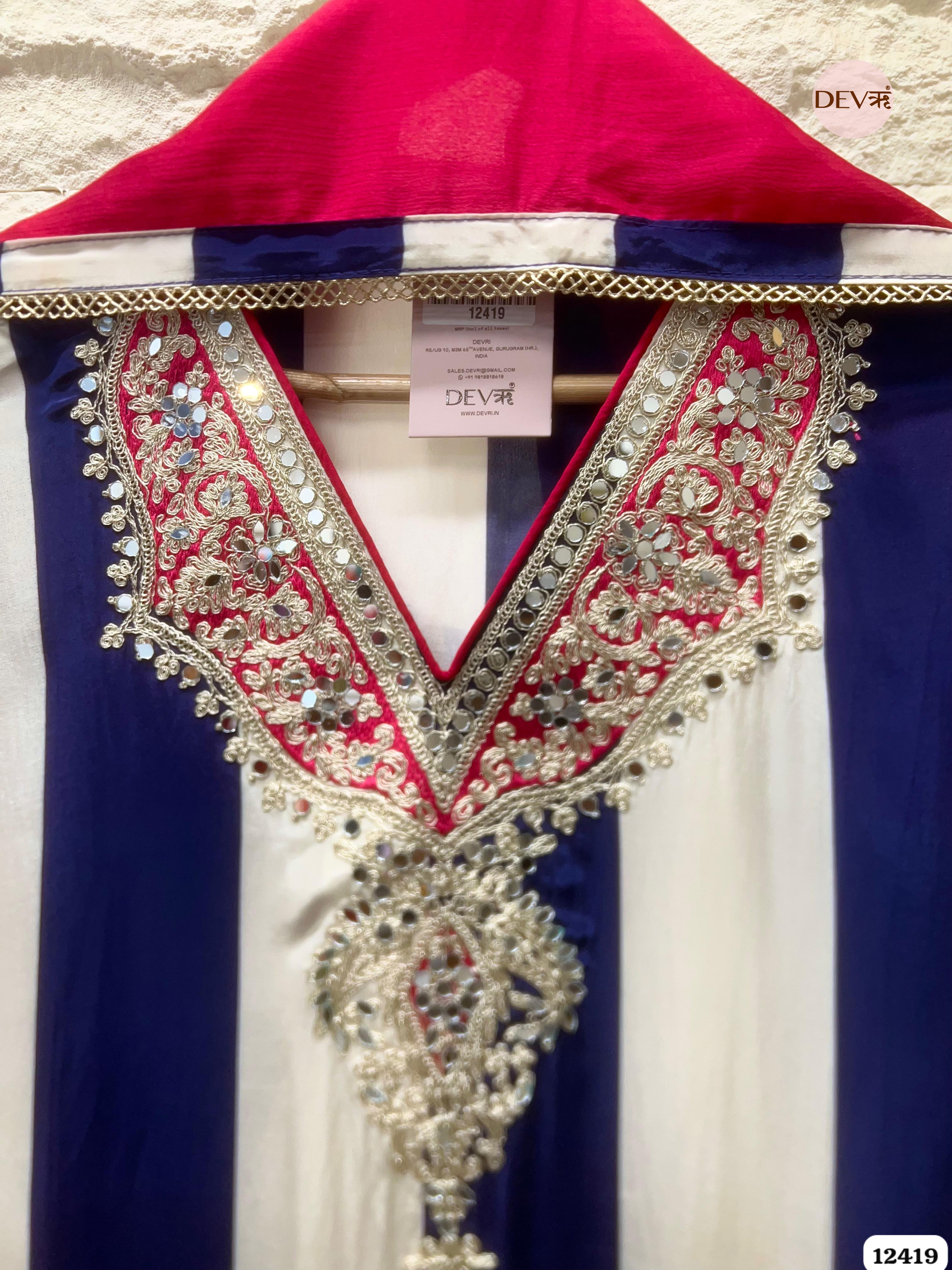 Ivory & Navy Natural Crepe Embroidered Unstitched 3-Piece Suit (Devri – D.No. 12419)