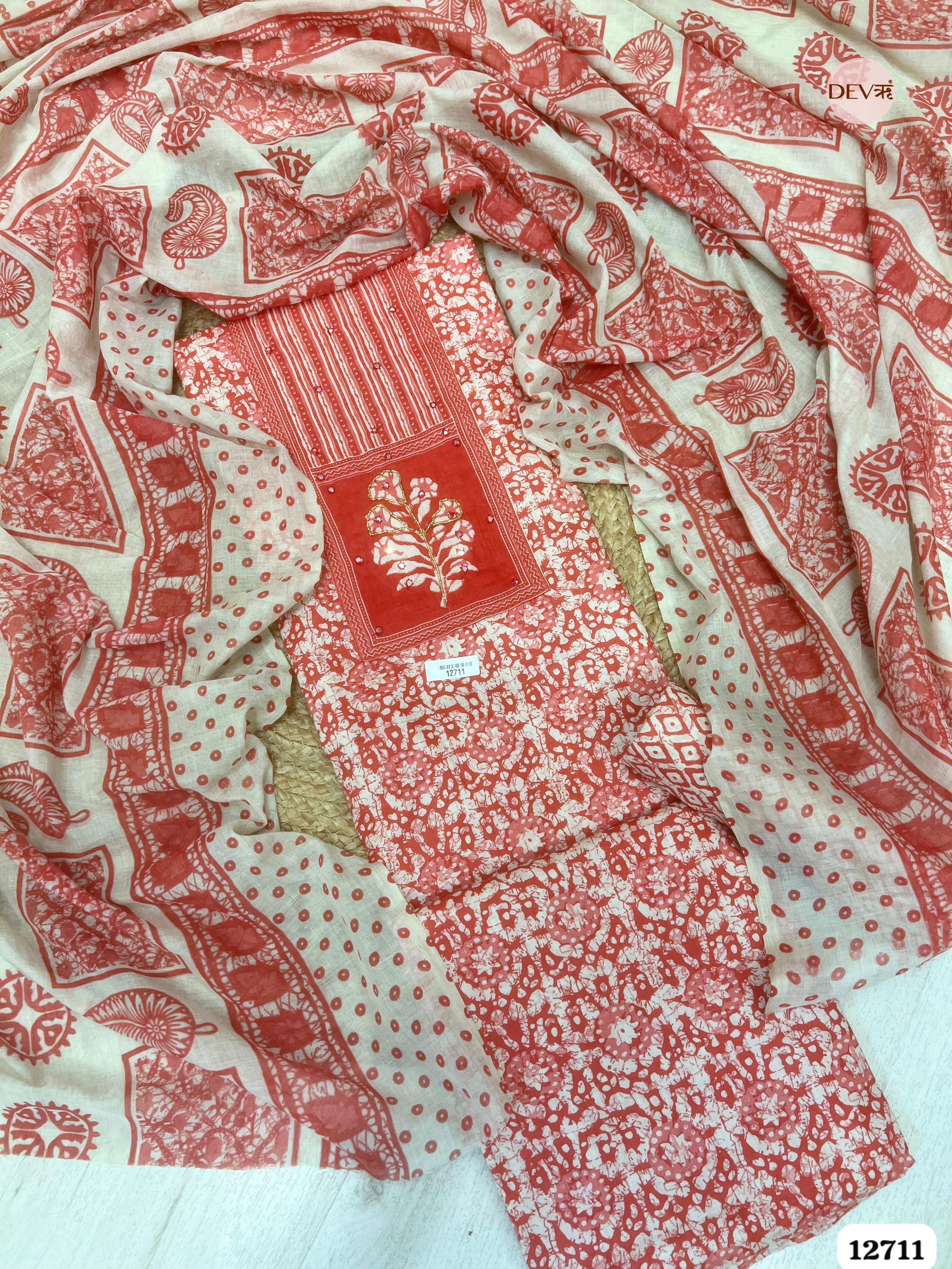 Coral Red Cotton Printed Unstitched 3-Piece Suit (Devri – D.No 12711)