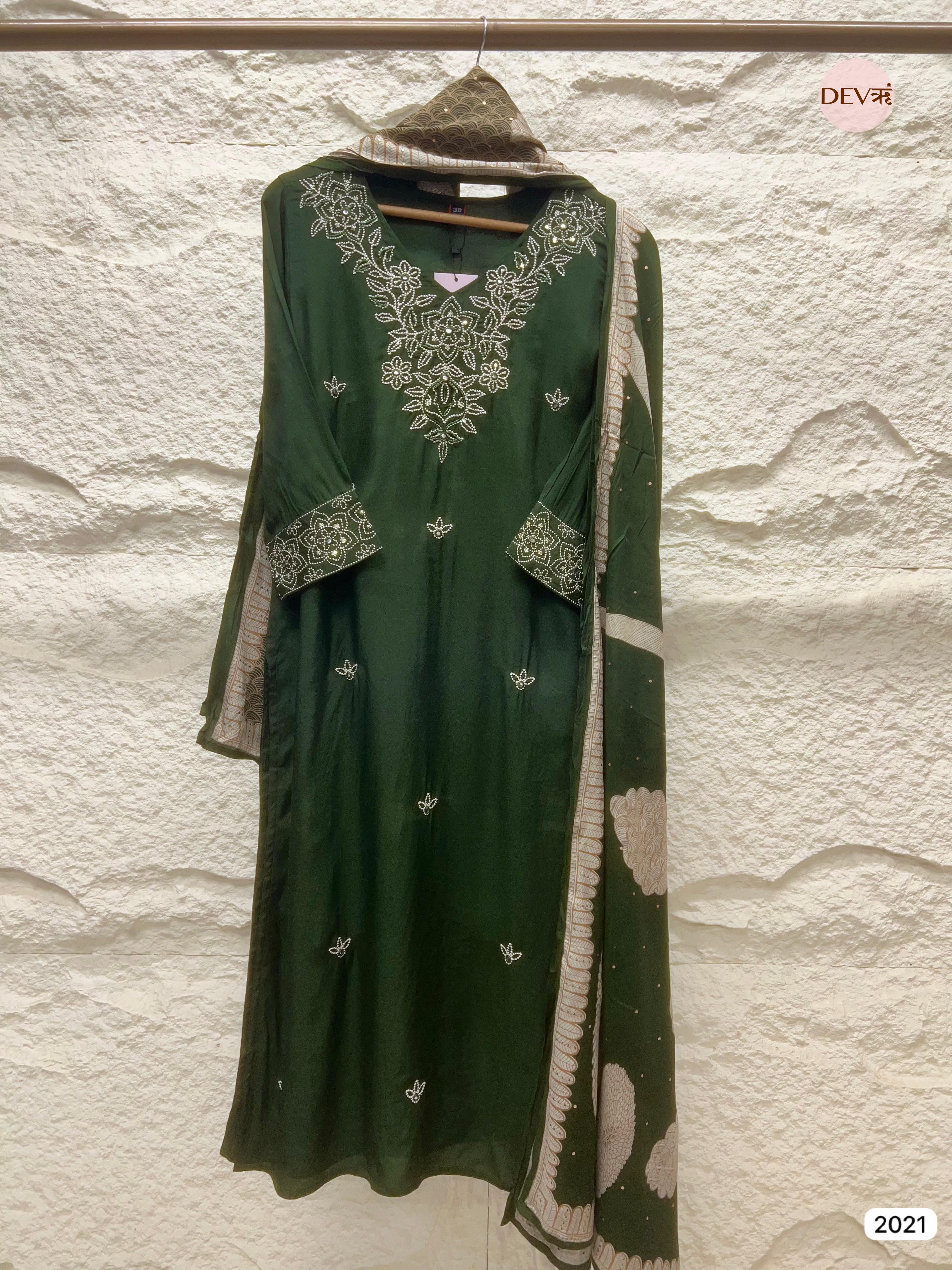 Olive Green Embroidered Muslin 3-Piece Set - {2021}