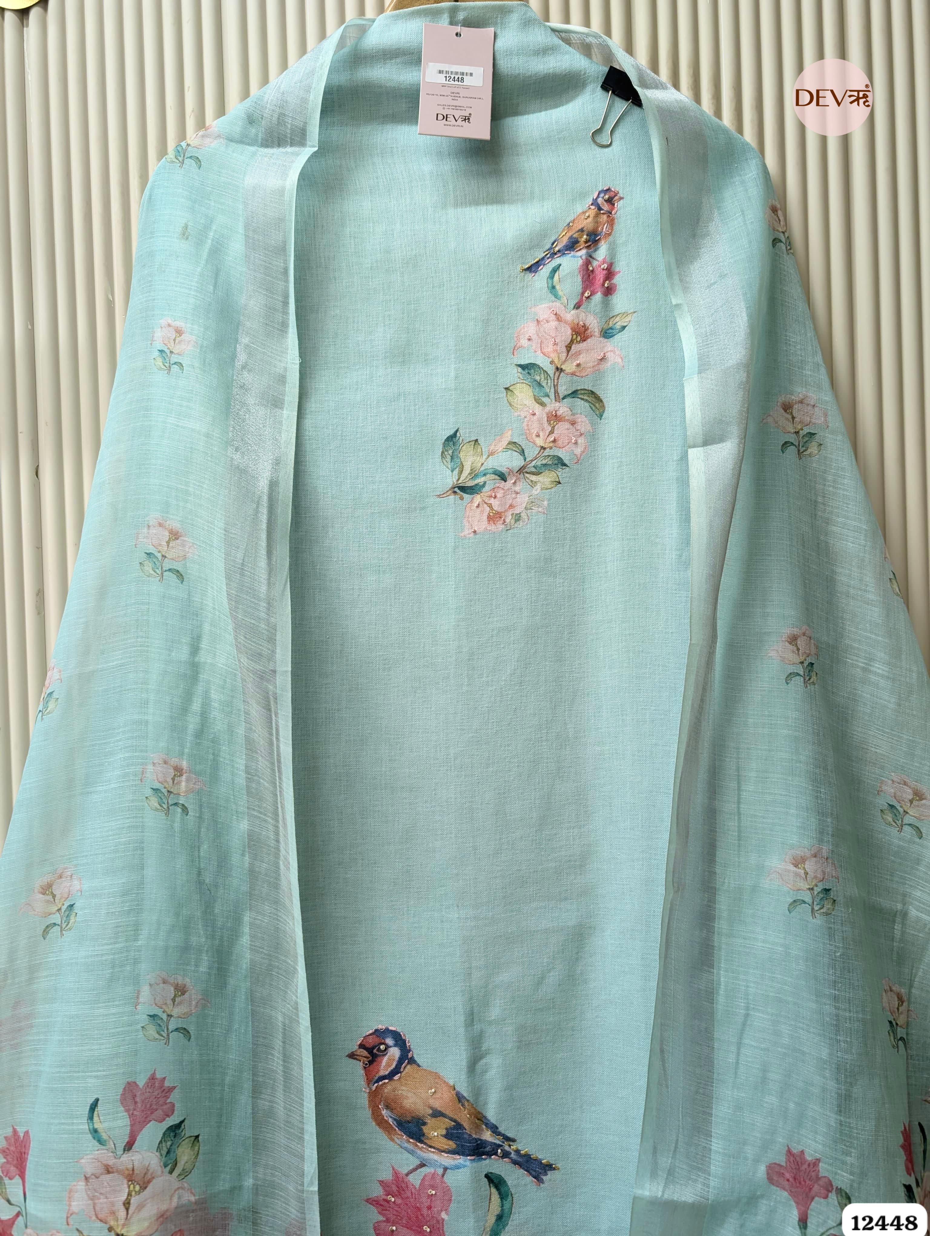 Aqua Blue Linen Cotton Printed Unstitched 3-Piece Suit (Devri – D.No.12448)