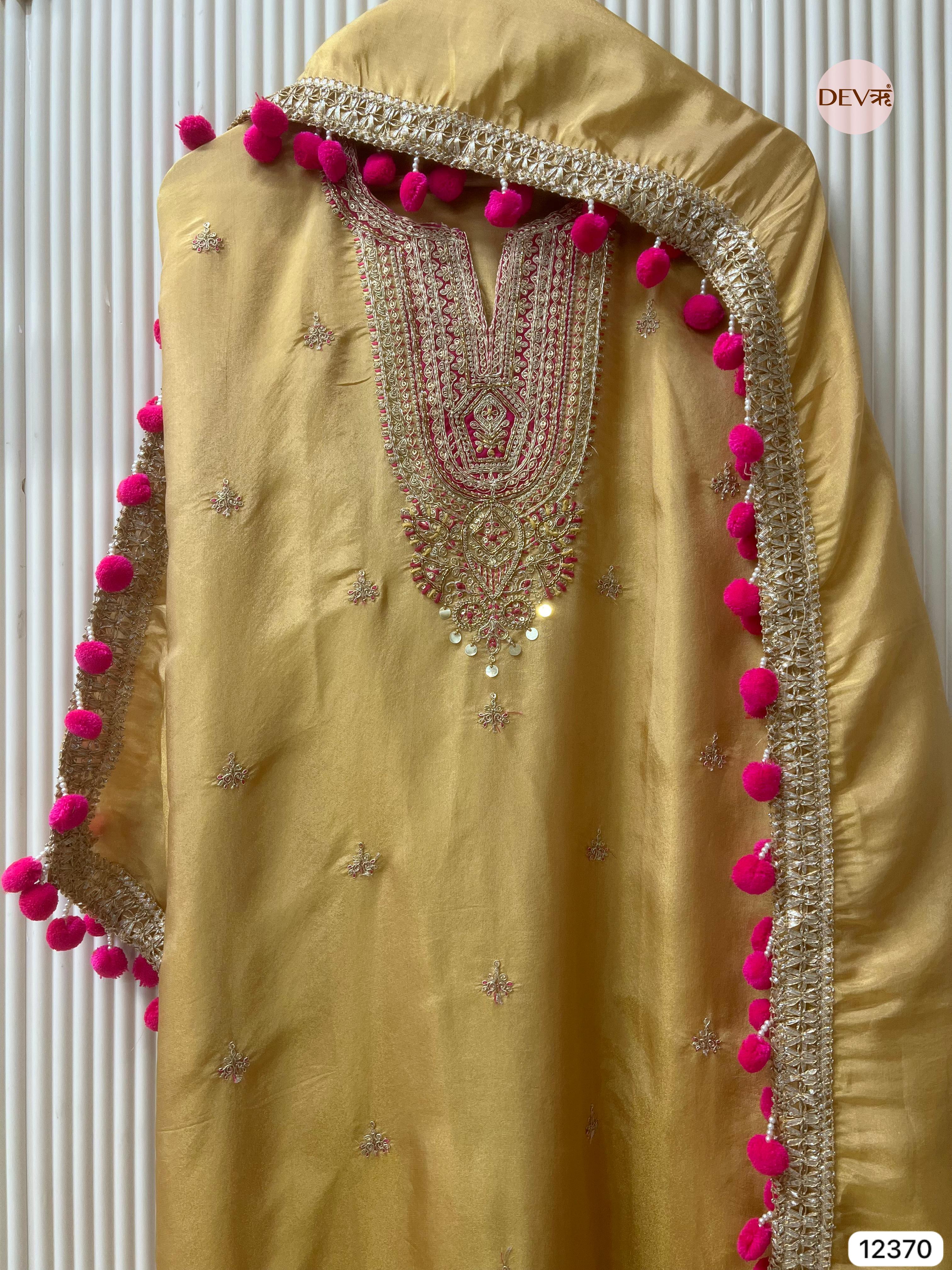 Golden Beige Shimmer Silk Embellished Unstitched 3-Piece Suit (Devri – D.No 12370)