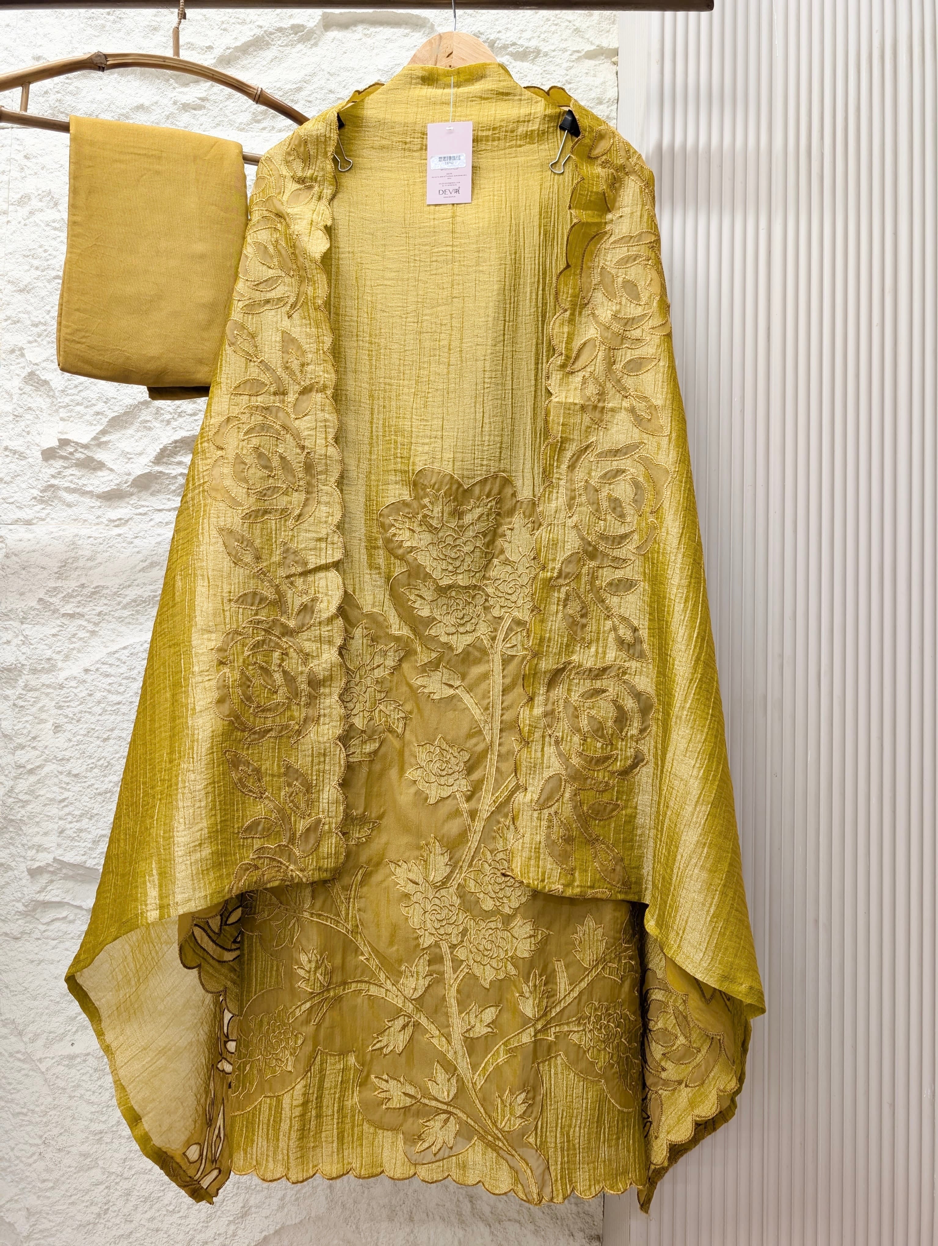 Mustard Tissue Crush Silk Embroidered Unstitched 3-Piece Suit (Devri – D.No 13743)
