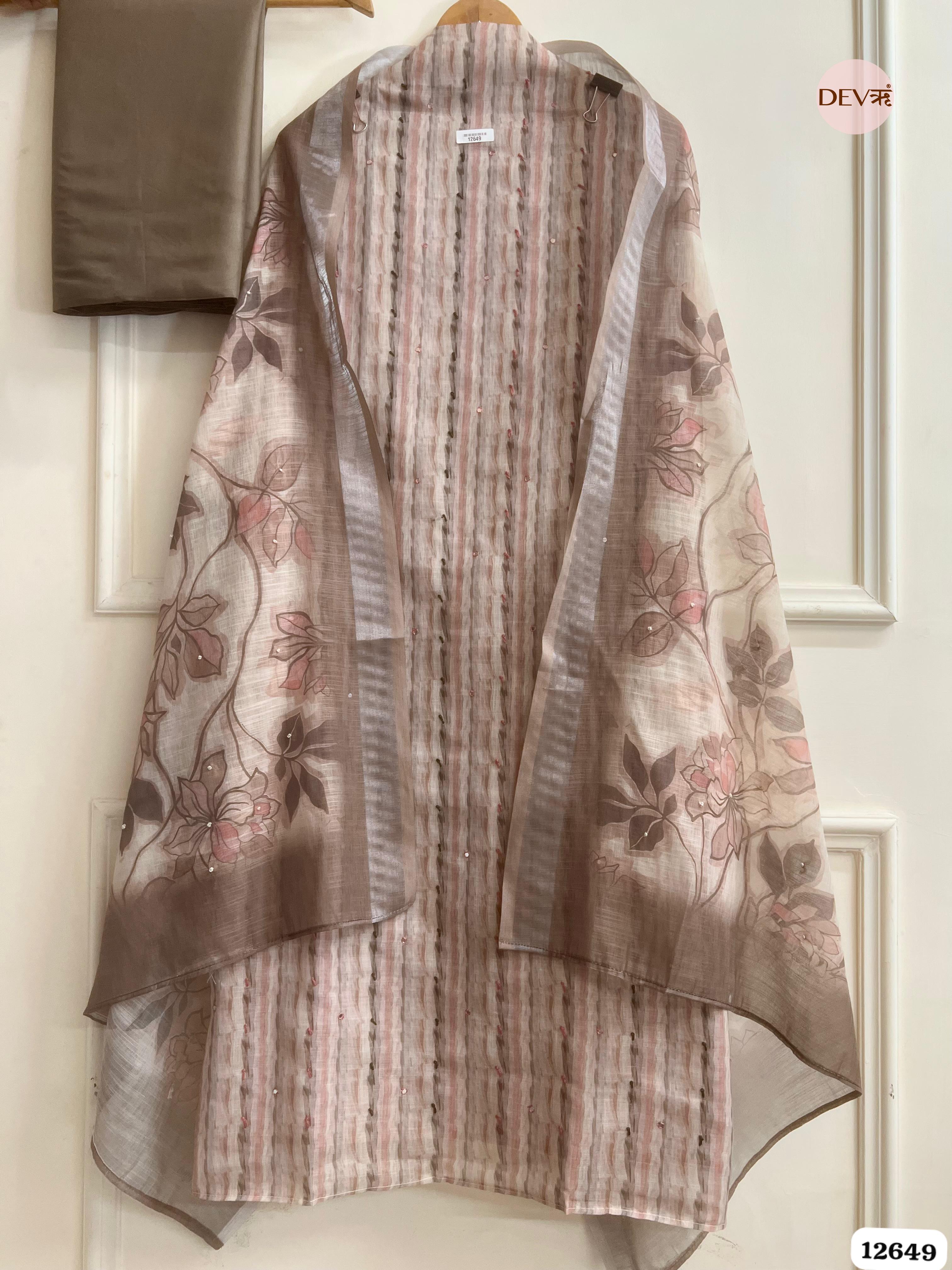Mauve Linen Cotton Printed Unstitched 3-Piece Suit (Devri – D.No 12649)