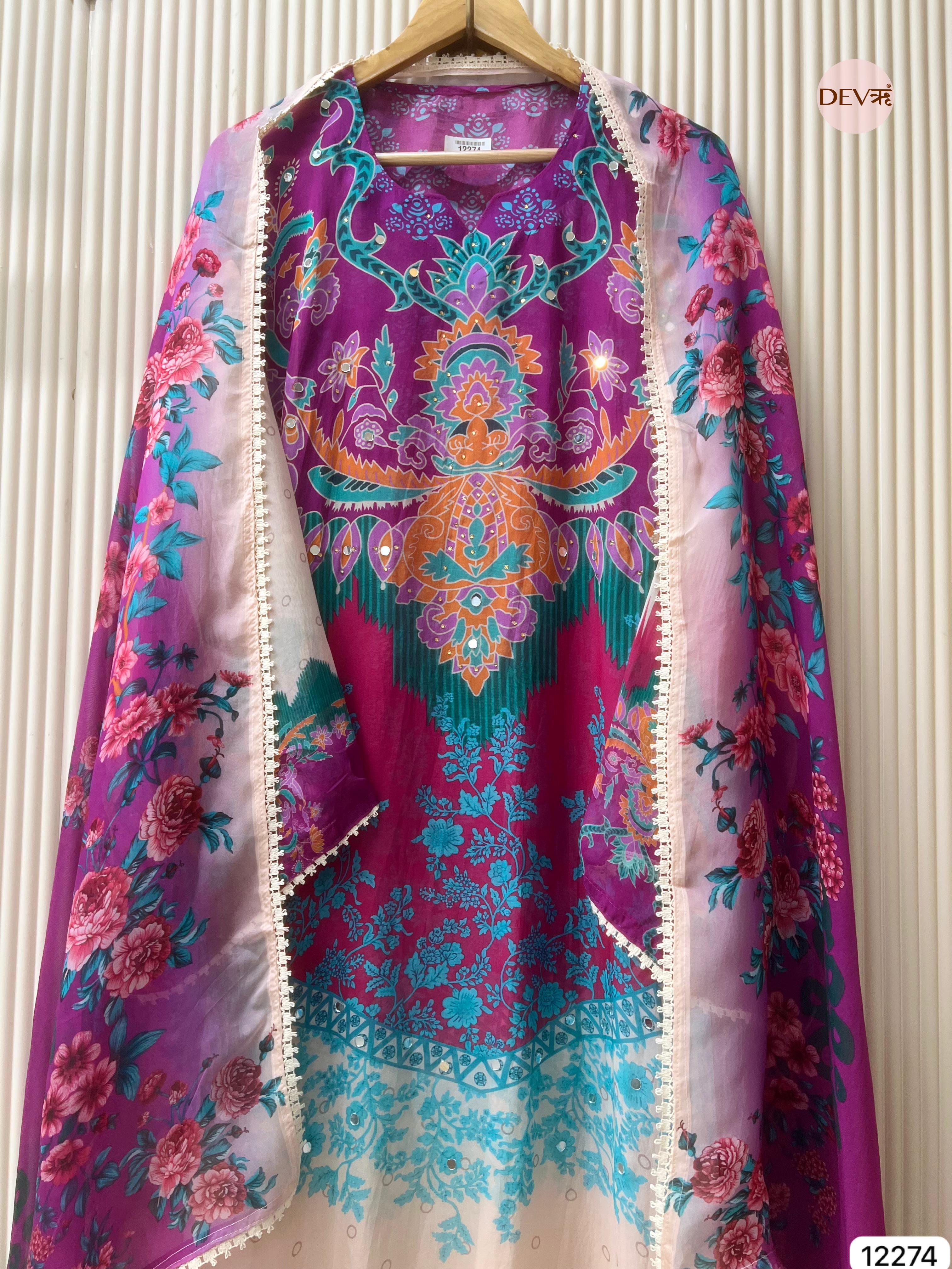 Purple Organza Printed Unstitched 3-Piece Suit (Devri – D.No 12274)