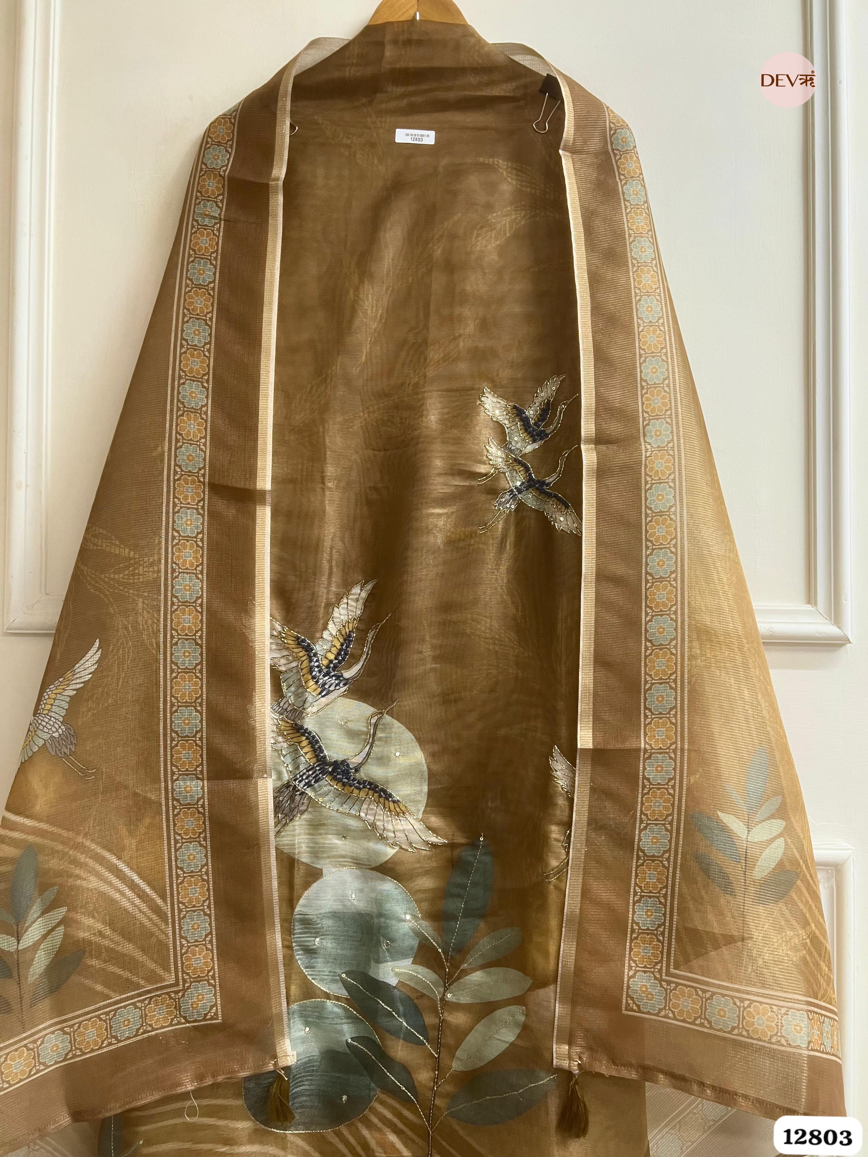Brown Burbery Shimmer Printed Unstitched 3-Piece Suit (Devri – D.No 12803)
