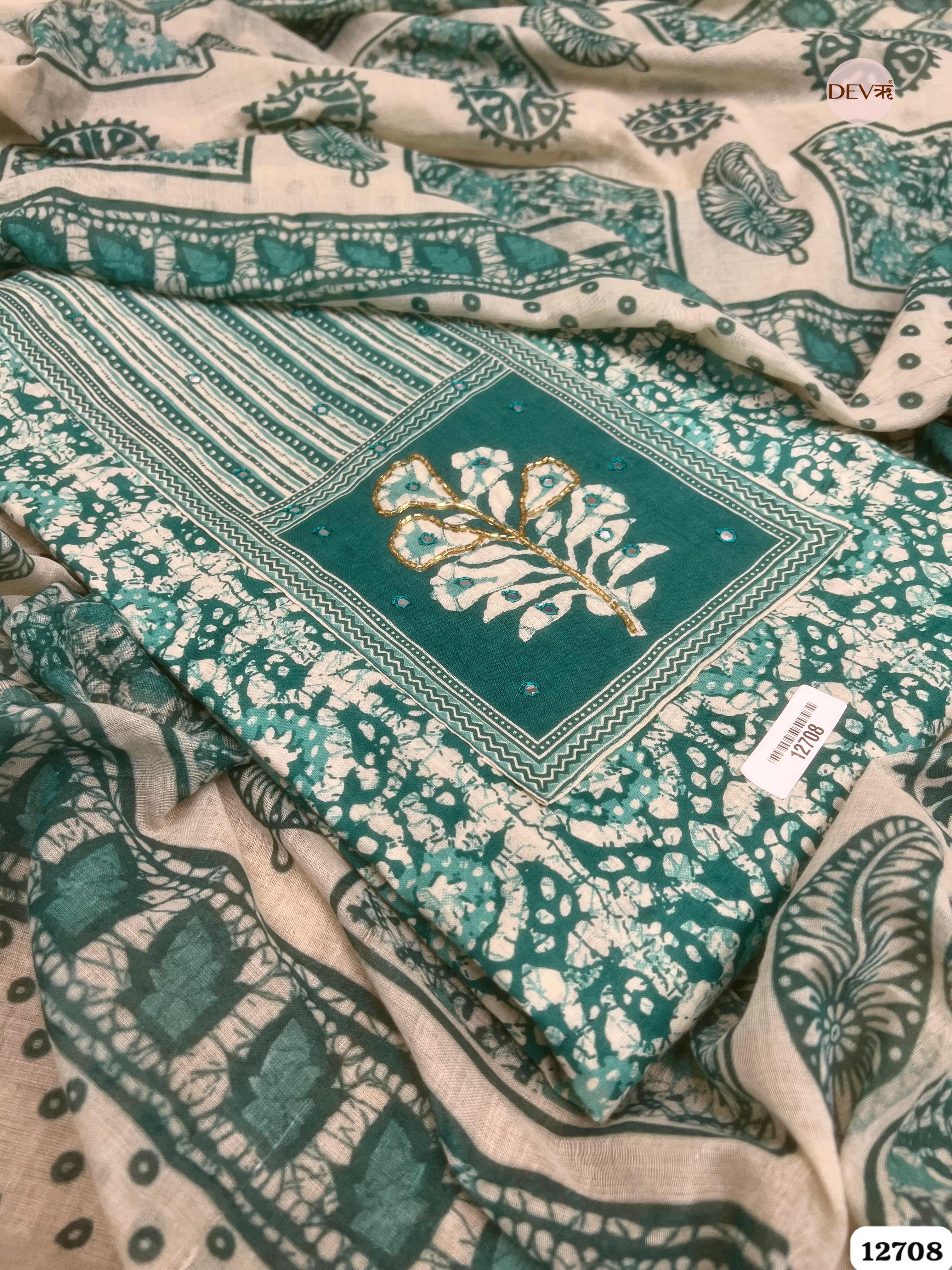 Teal Green Cotton Printed Unstitched 3-Piece Suit (Devri – D.No 12708)