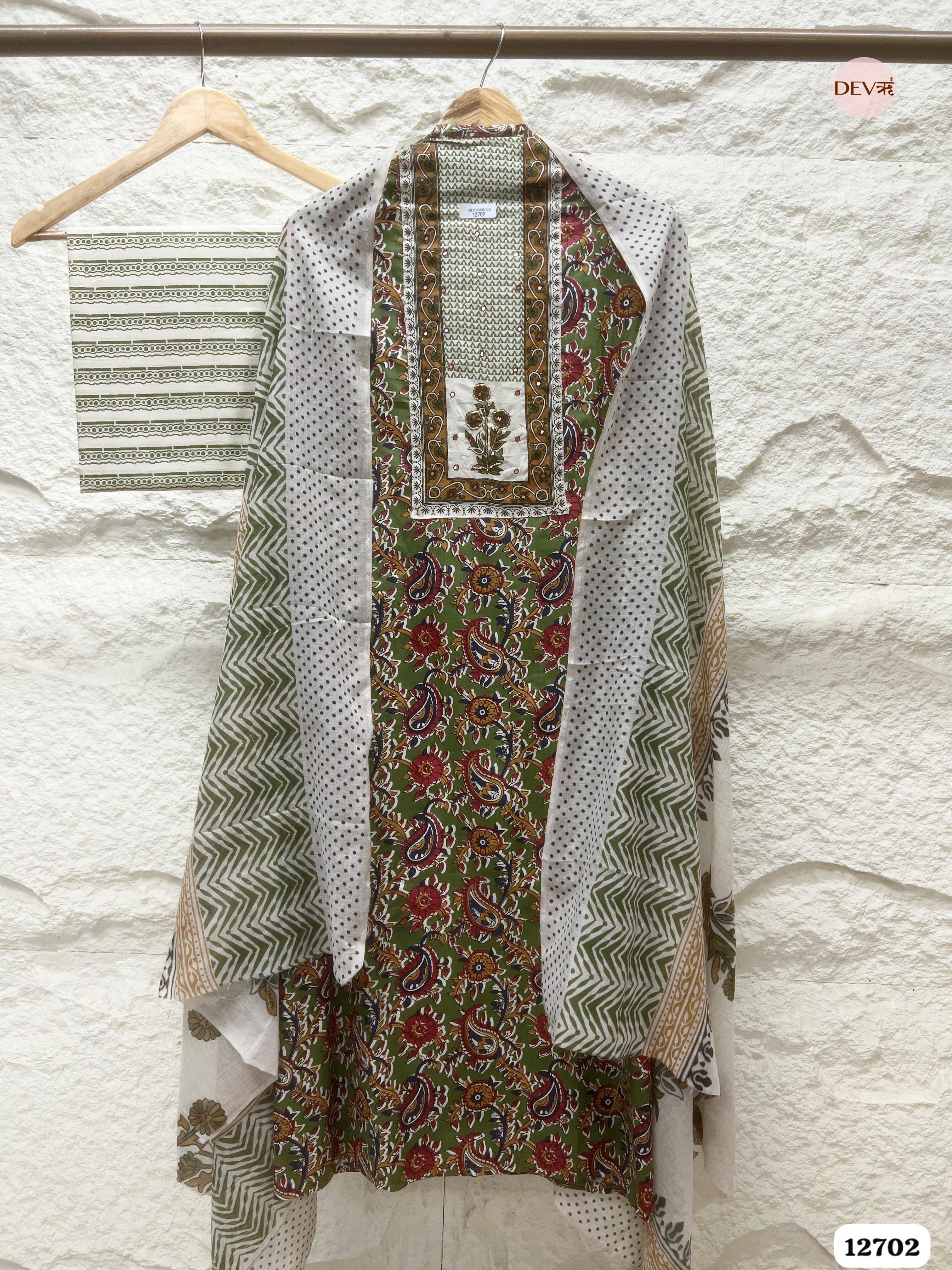 Green & White Cotton Printed Unstitched 3-Piece Suit (Devri – D.No 12702)