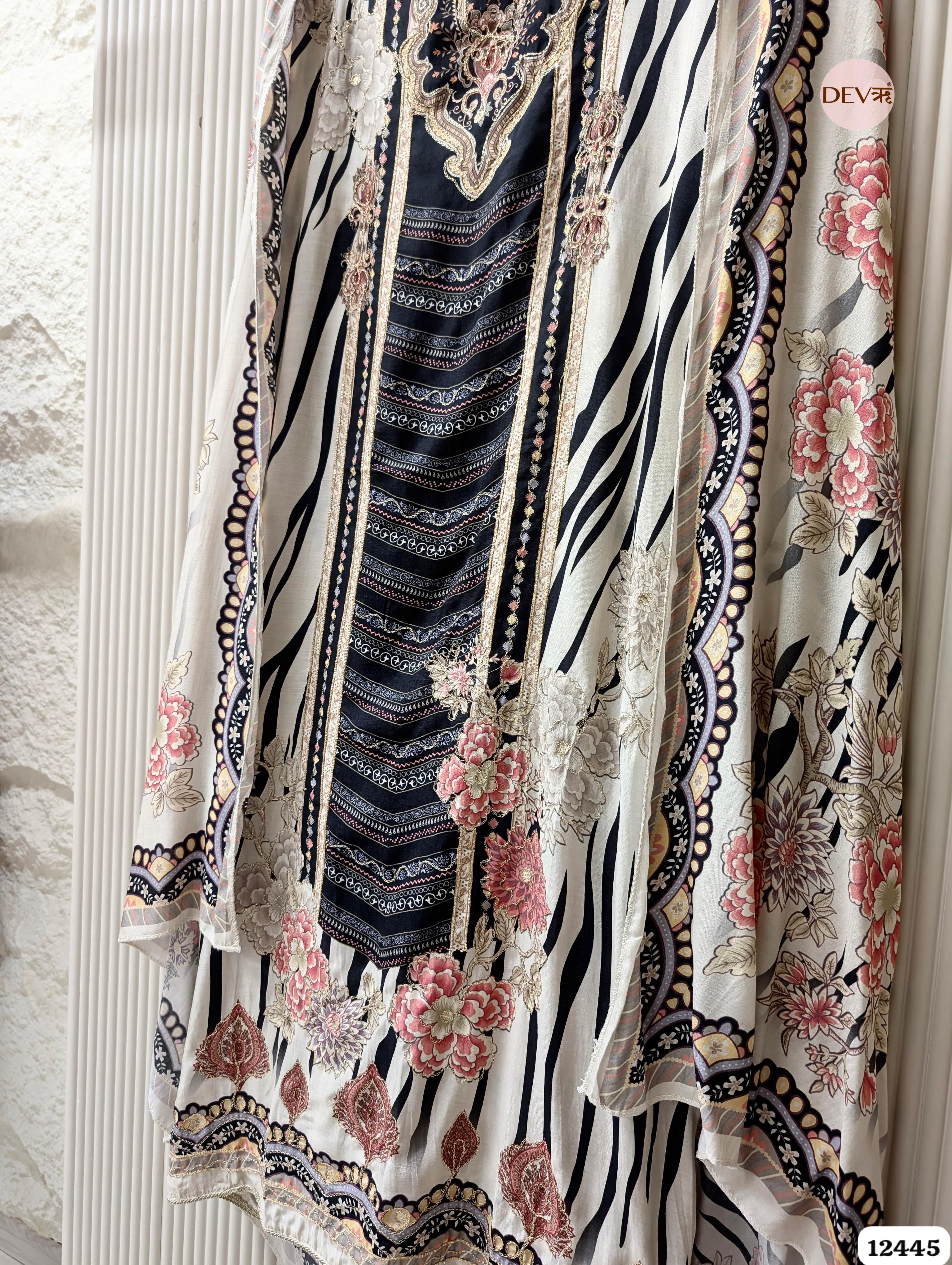 Ivory & Black Muslin Printed Unstitched 3-Piece Suit (Devri – D.No 12445)