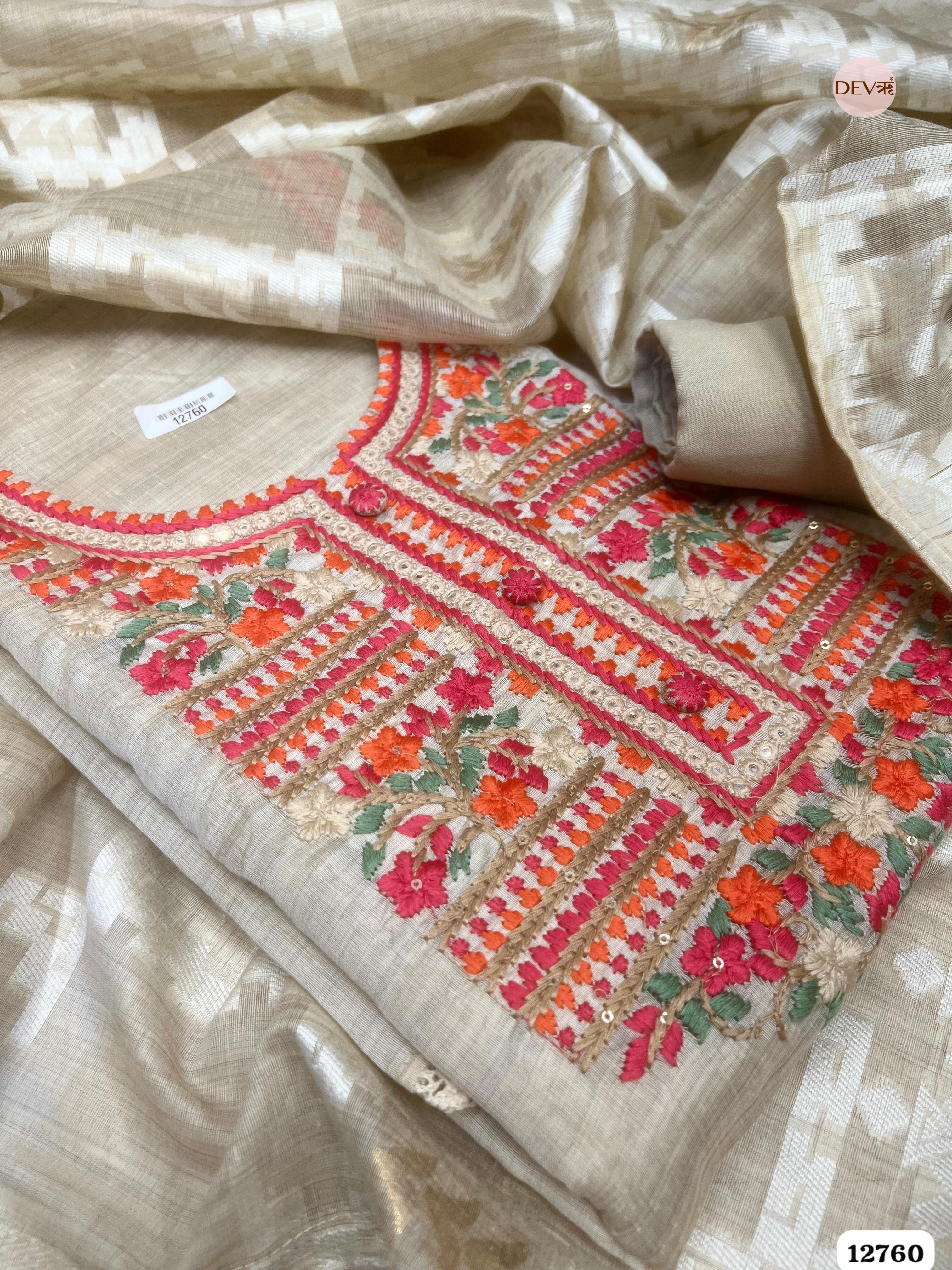 Beige Mul Chanderi Embroidered Unstitched 3-Piece Suit (Devri – D.No 12760)
