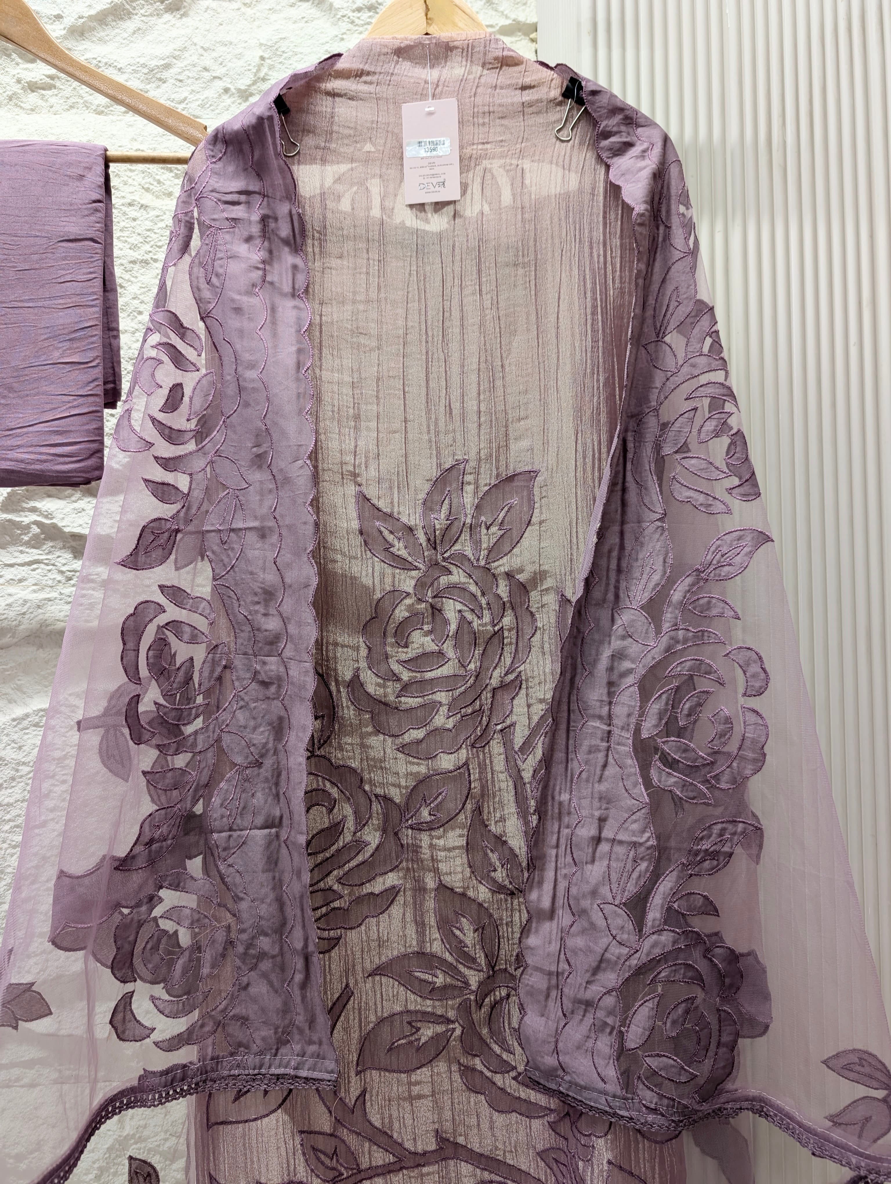 Purple Tissue Crush Silk Embroidered Unstitched 3-Piece Suit (Devri – D.No 13590)