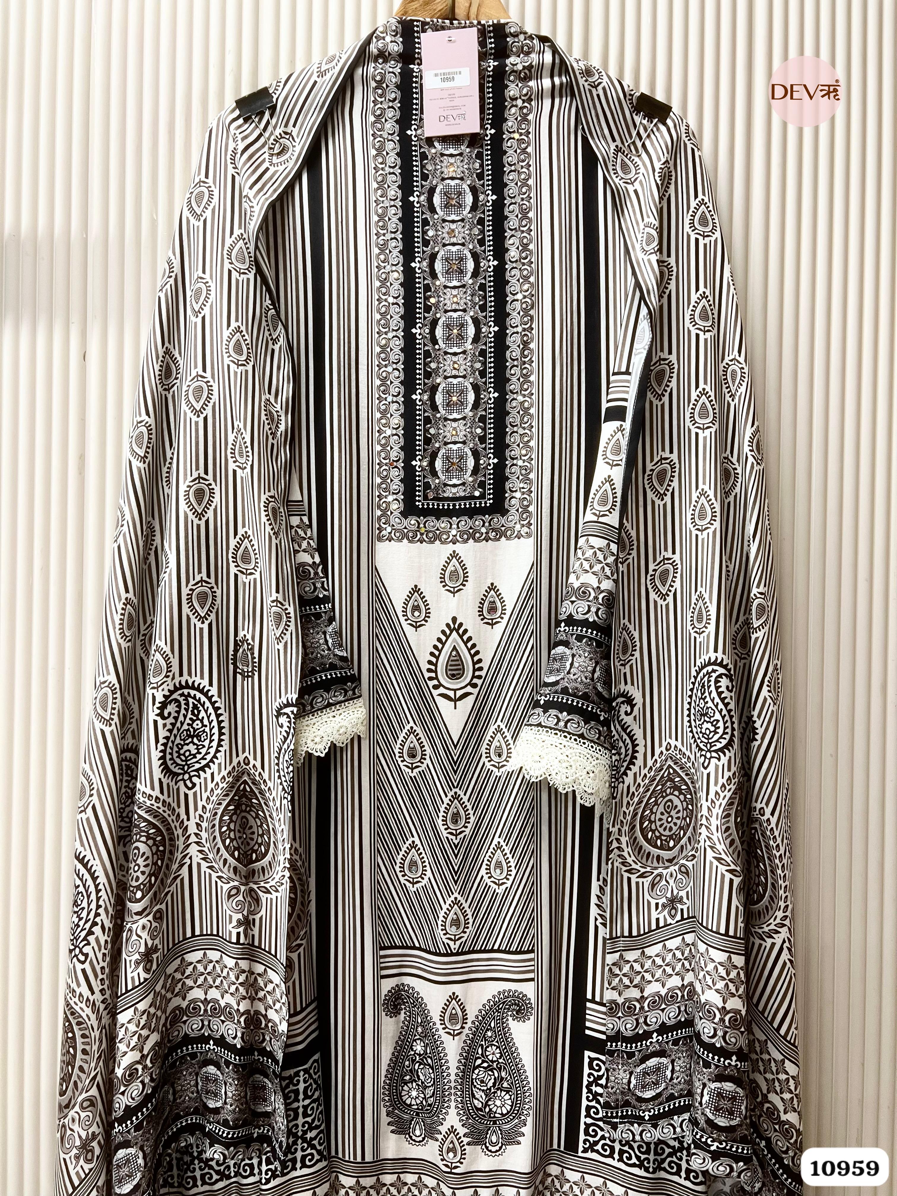 Black & Ivory Muslin Printed Unstitched 3-Piece Suit (Devri – D.No. 10959)