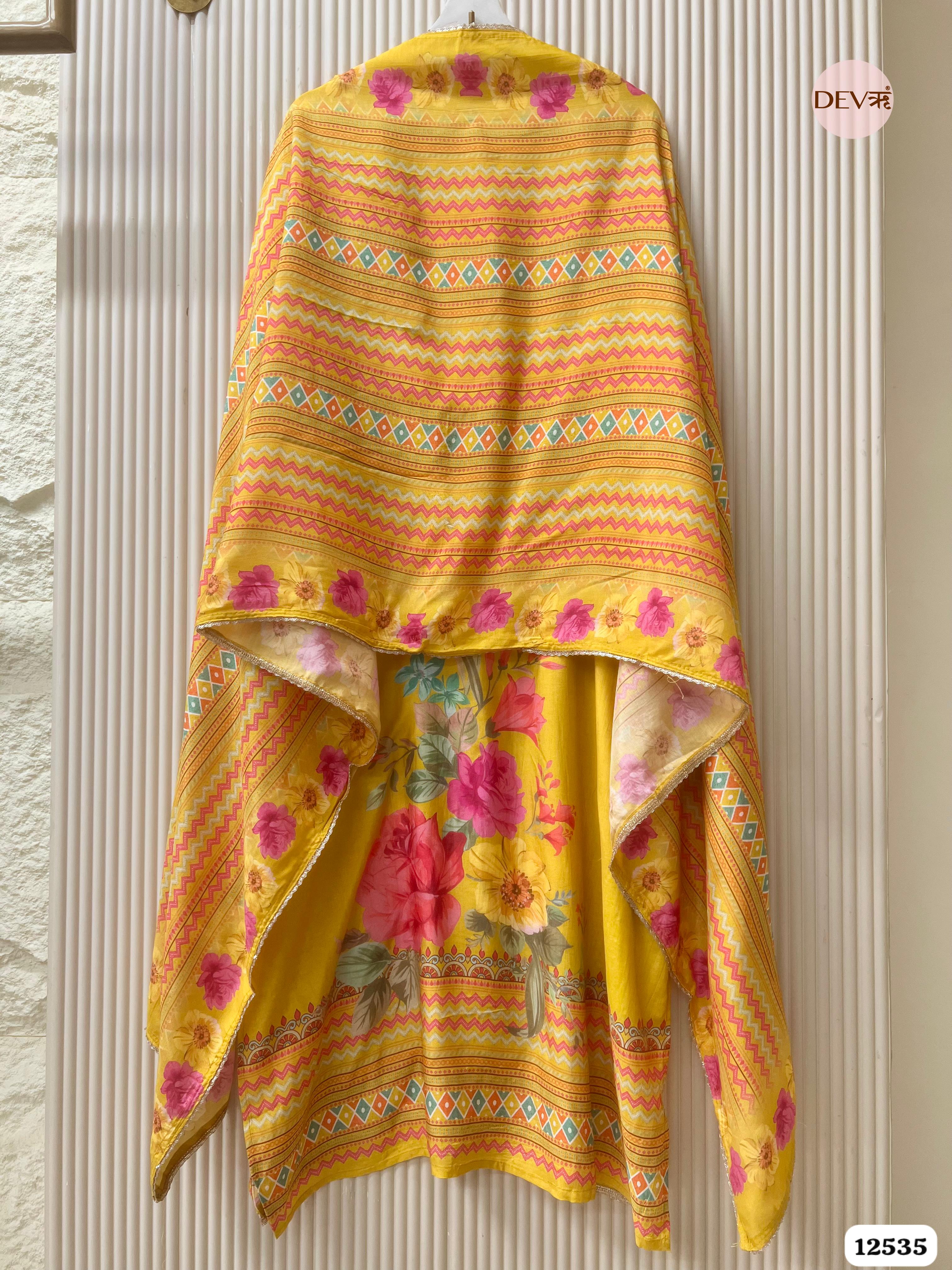 Yellow Muslin Printed Unstitched 3-Piece Suit (Devri – D.No. 12535)