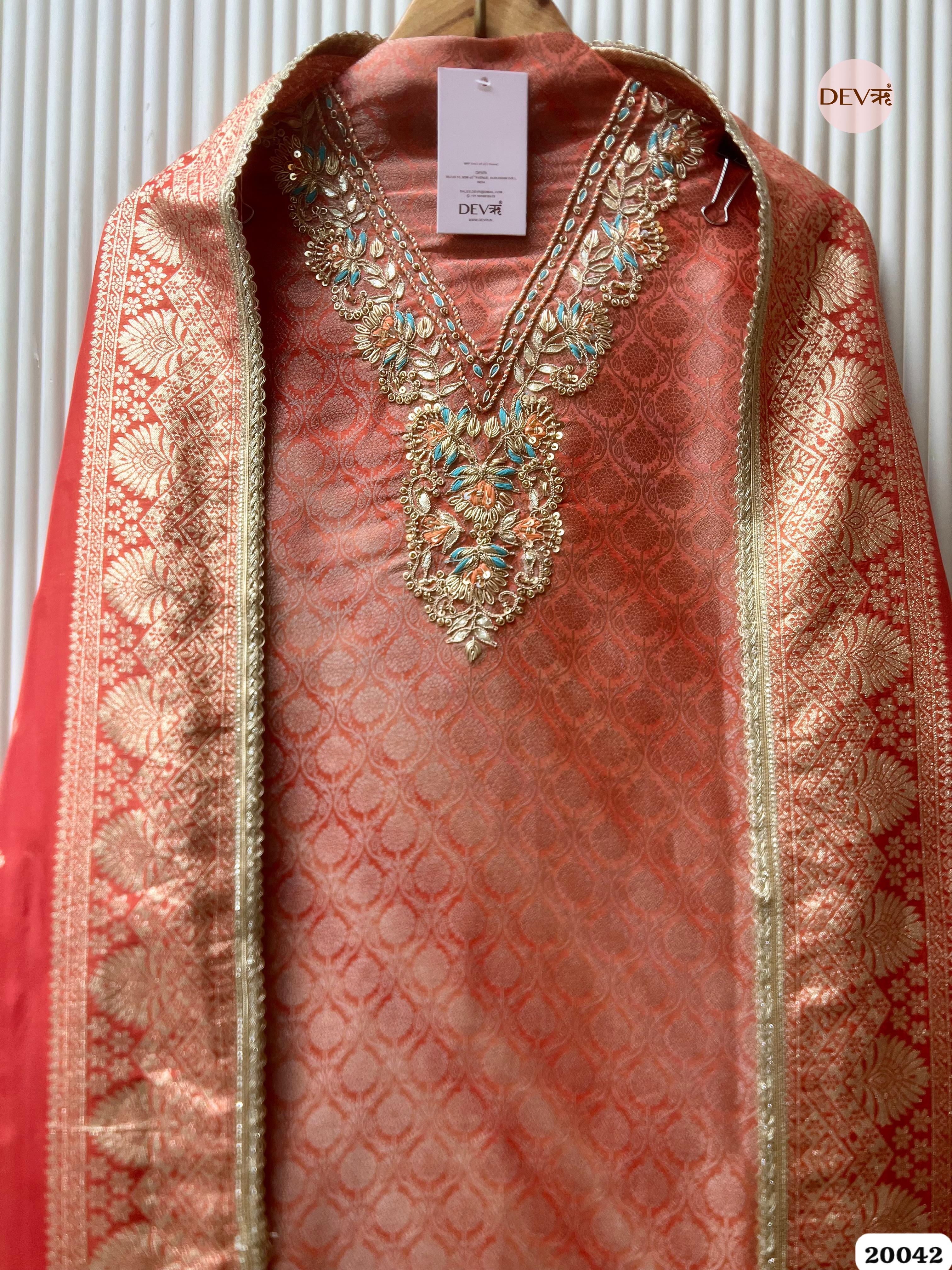 Coral Rose Banarasi Tissue Embroidered Unstitched 3-Piece Suit (Devri – D.No. 20042 )