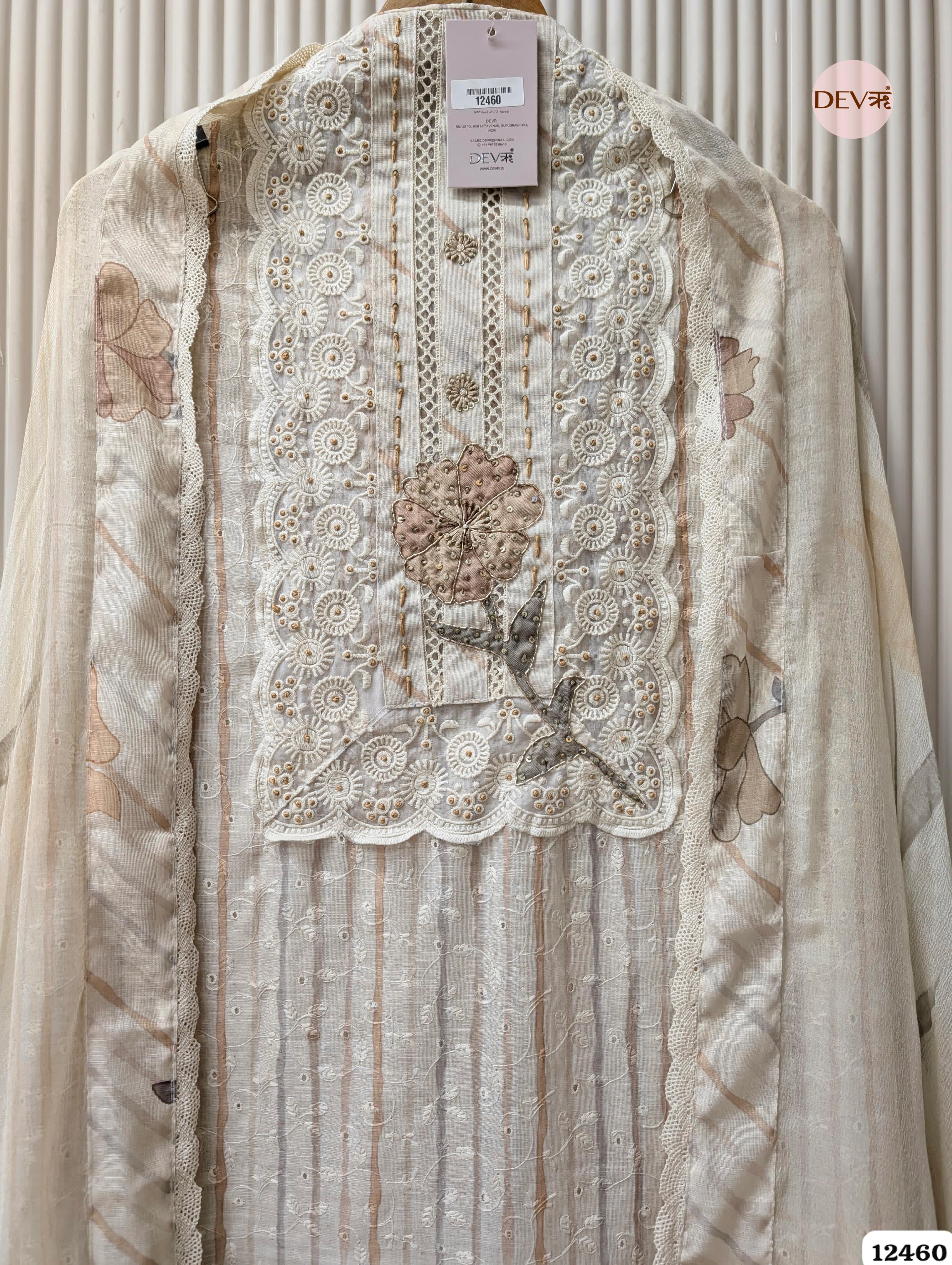 Beige & Mauve Pure Linen Embroidered Unstitched 3-Piece Suit (Devri – D.No 12460)