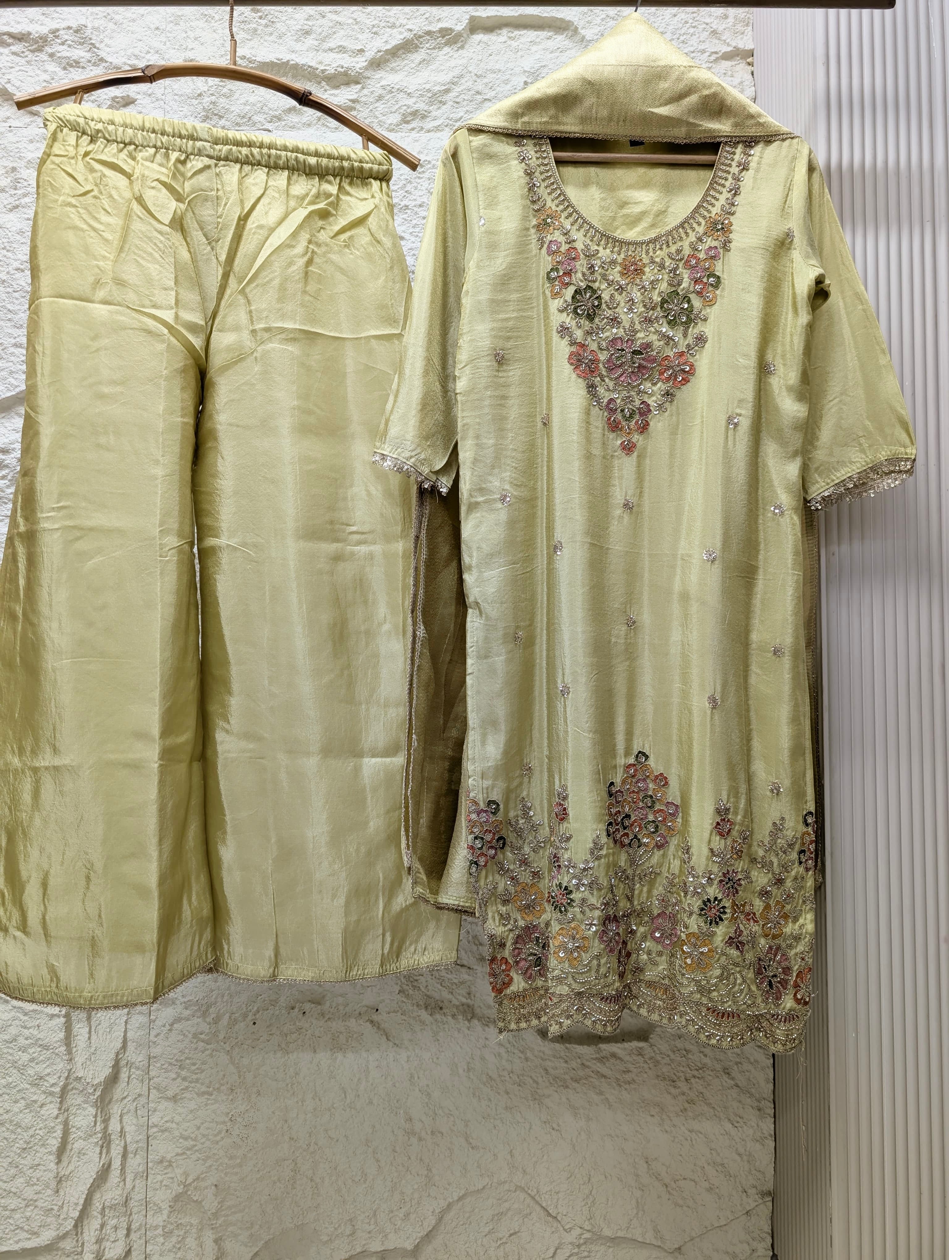 Gulnaar Tissue silk Embroidered Lime Green 3-Piece Set (Devri – D.No 13795)