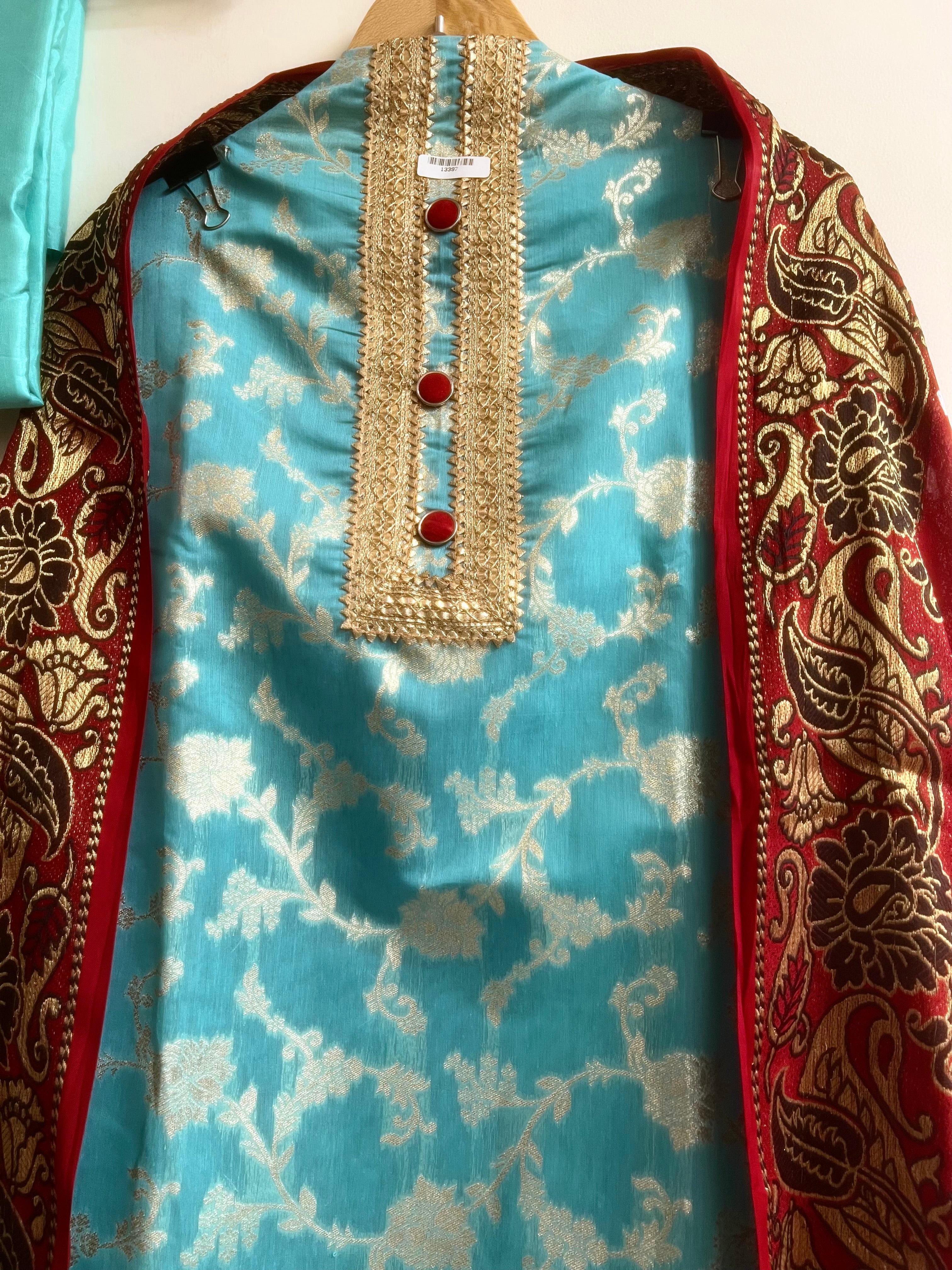 Turquoise Silk Blend Printed Unstitched 3-Piece Suit (Devri – D.No 13397)