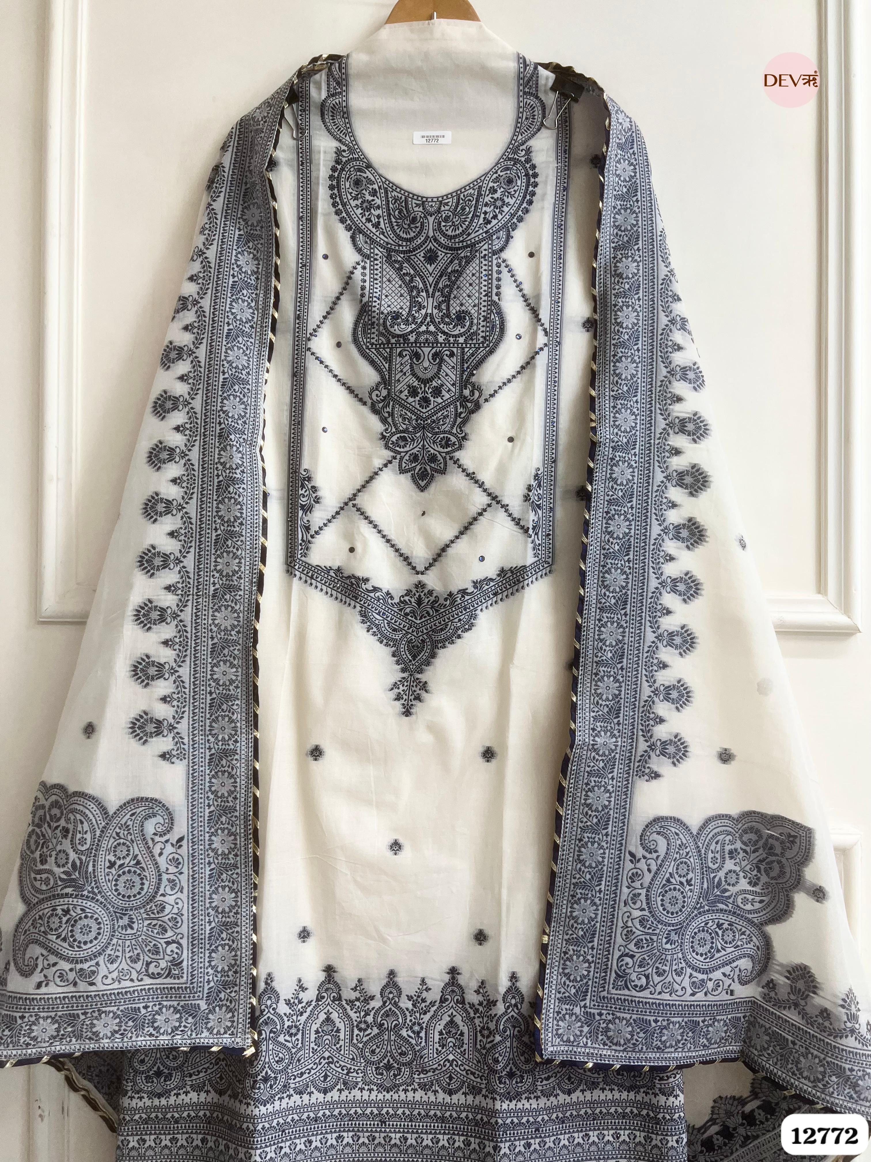 Off-White Jamdani Cotton Embroidered Unstitched 3-Piece Suit (Devri – D.No 12772)