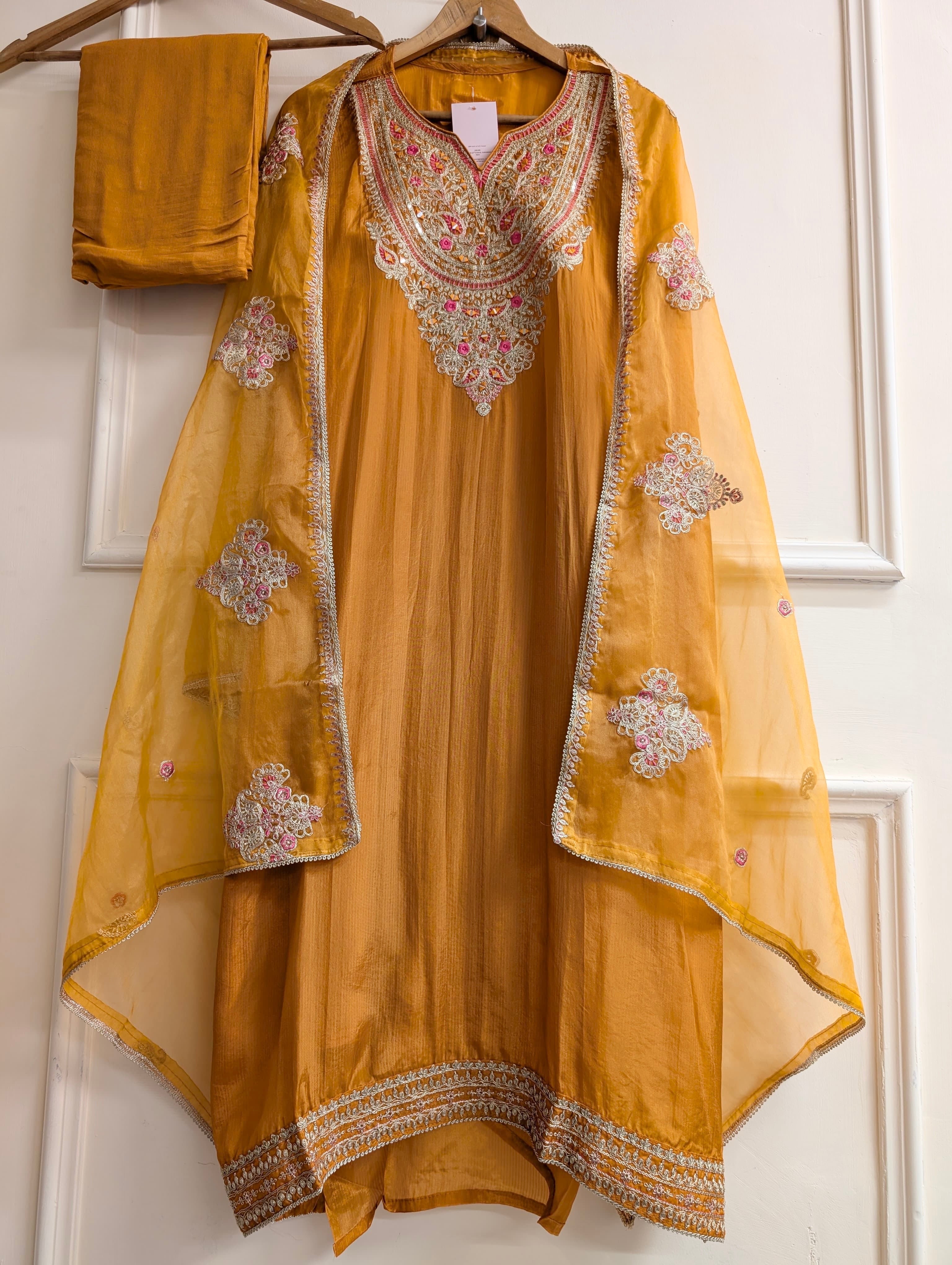 Mustard Tissue Organza Silk Embroidered Unstitched 3-Piece Suit (Devri – D.No 13807)