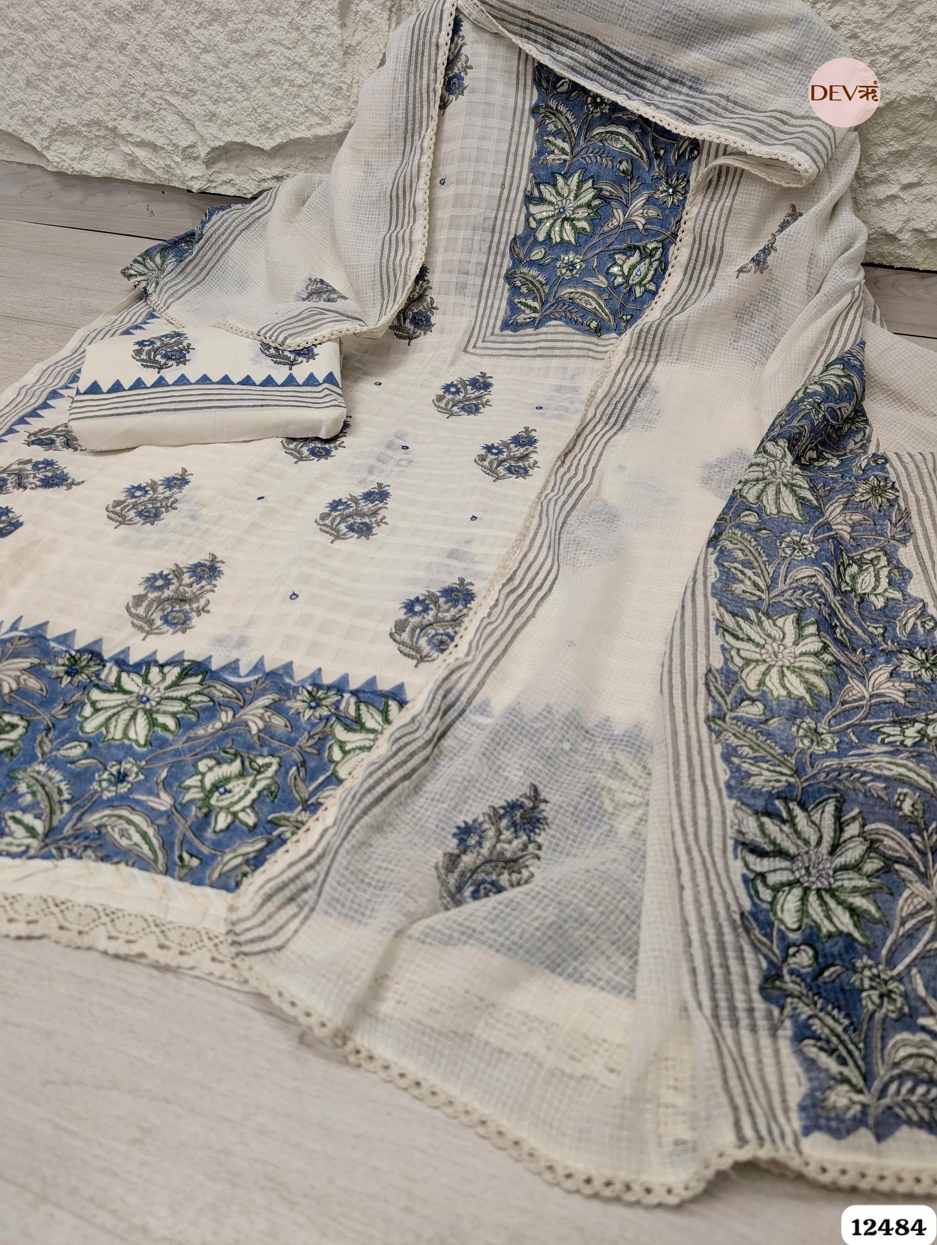 White & Blue Pure Cotton Printed Unstitched 3-Piece Suit (Devri – D.No 12484)