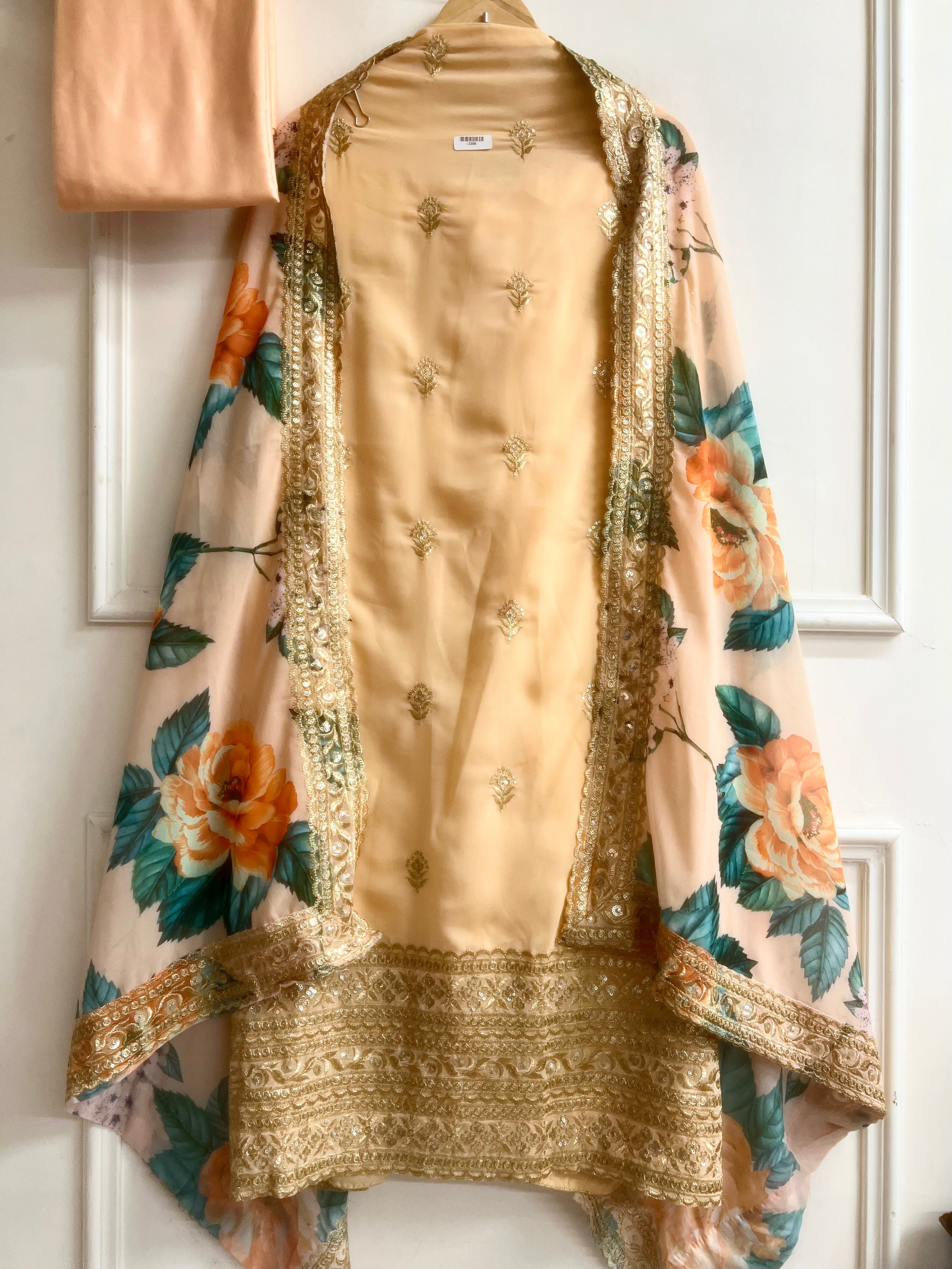 Peach Silk Blend Printed Unstitched 3-Piece Suit (Devri – D.No 13398)