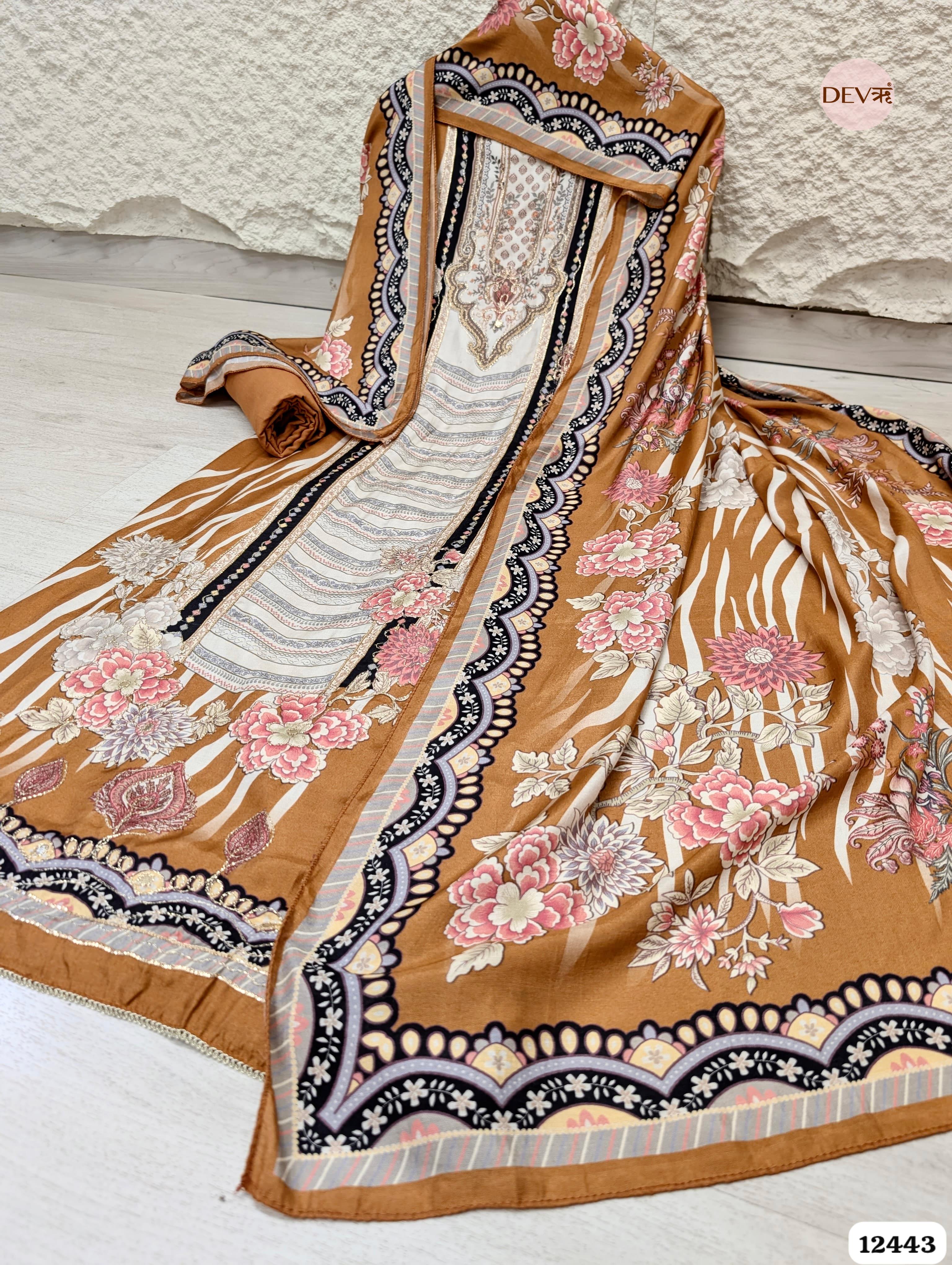 Rust Orange Muslin Digital Printed Unstitched 3-Piece Suit (Devri – D.No 12443)