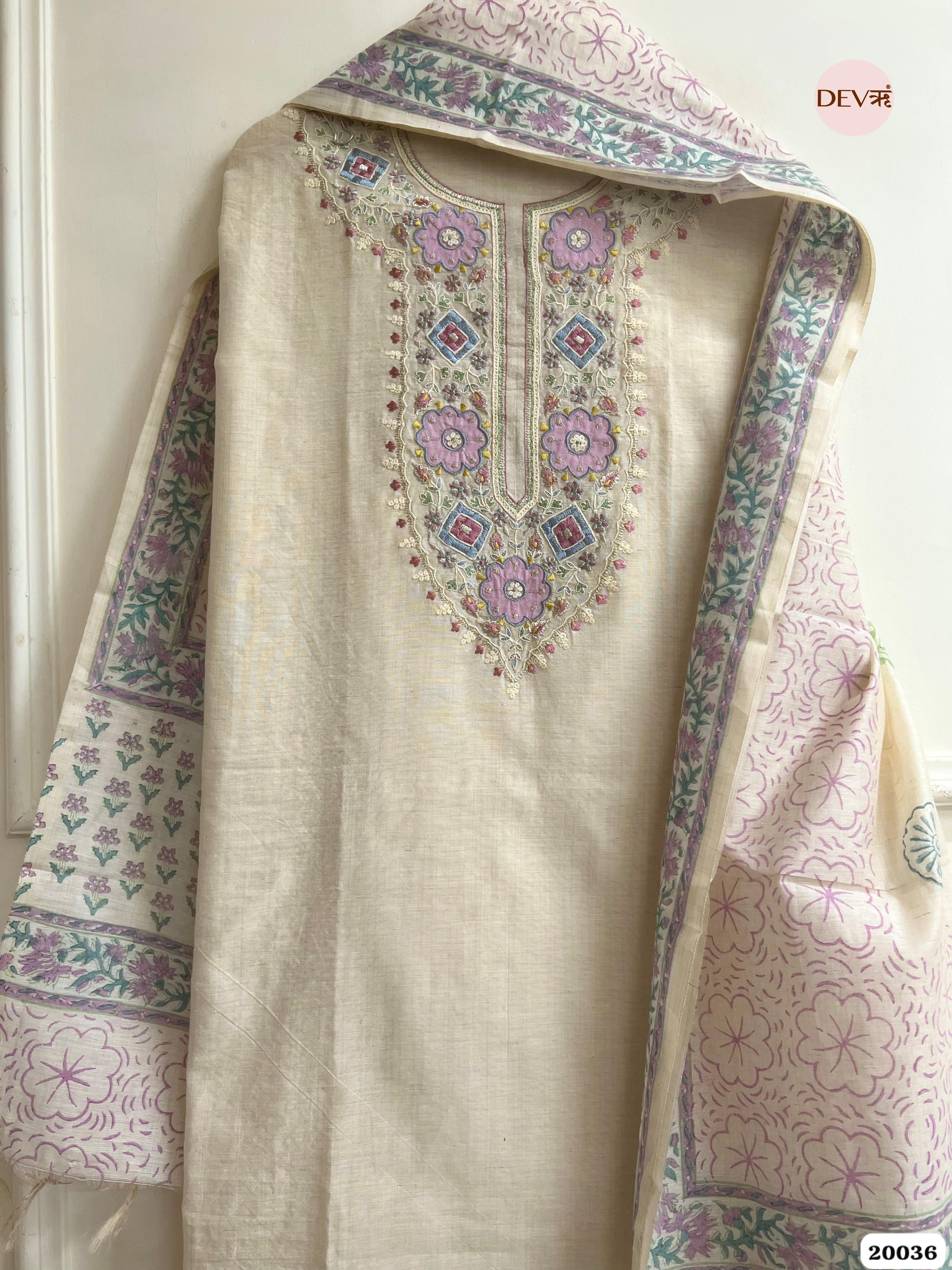 Ivory Pure Linen Embroidered Unstitched 3-Piece Suit (Devri – D.No. 20036)