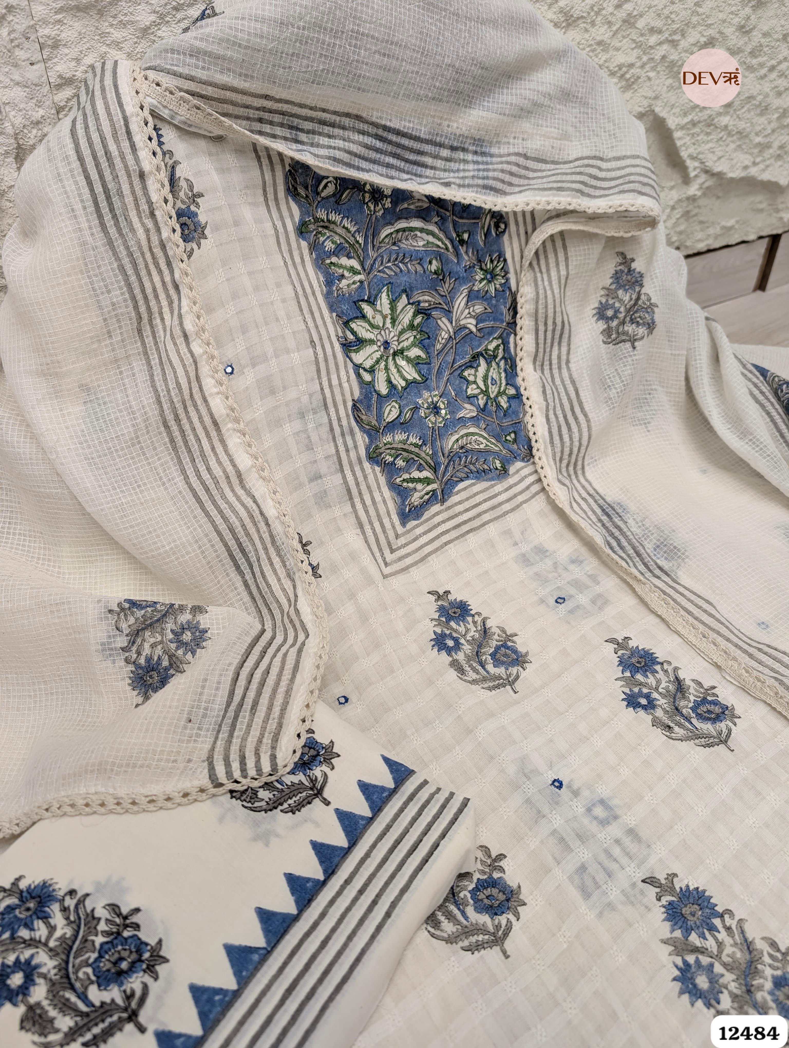 White & Blue Pure Cotton Printed Unstitched 3-Piece Suit (Devri – D.No 12484)