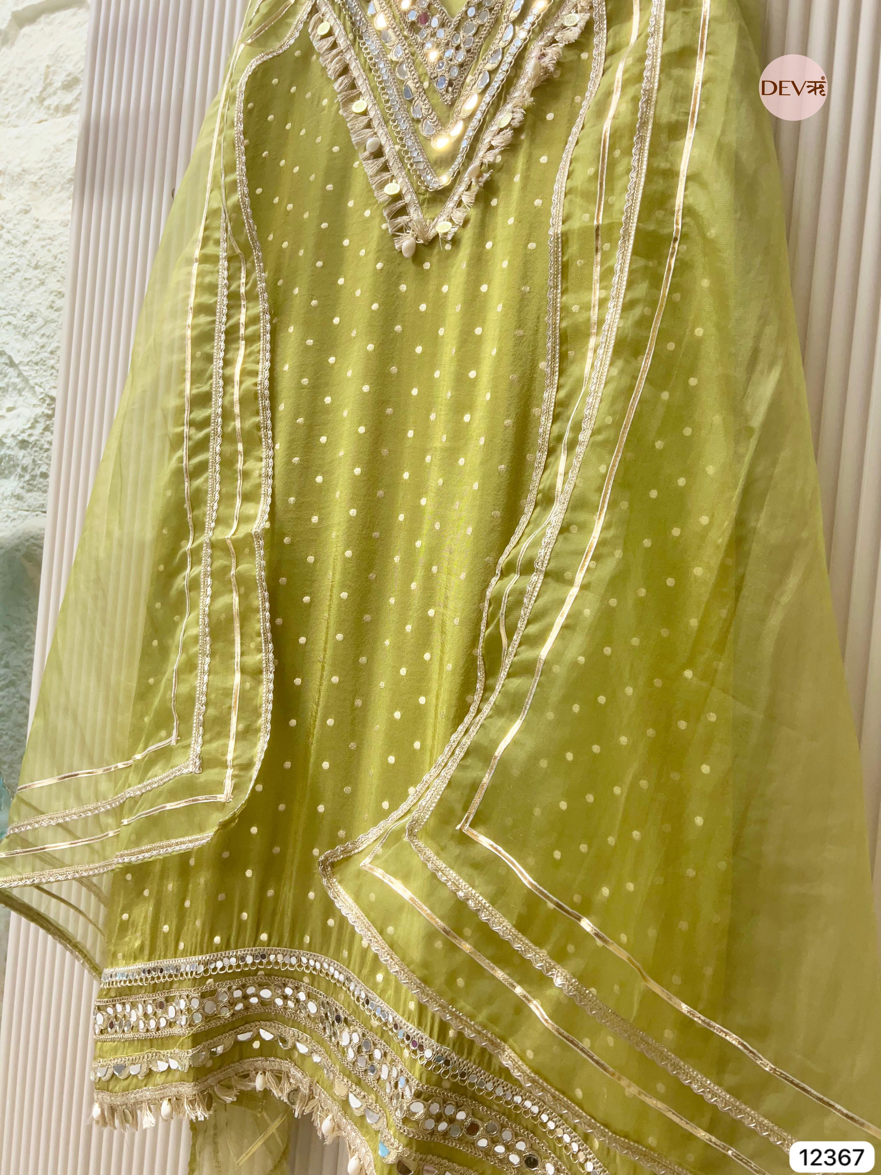 Olive Green Tissue Shimmer Embellished Unstitched 3-Piece Suit (Devri – D.No 12367)