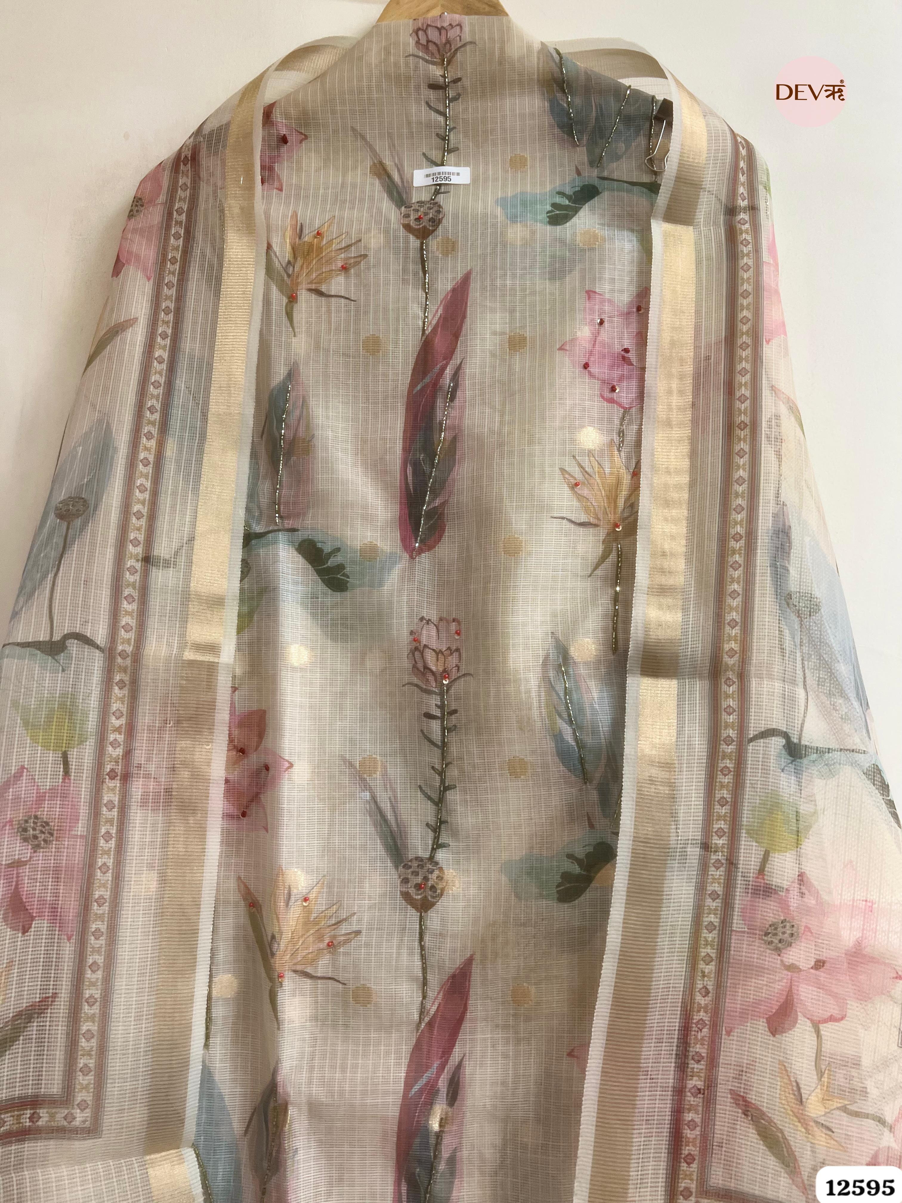 Beige kota Cotton Floral Unstitched 3-Piece Suit (Devri – D.No 12595)
