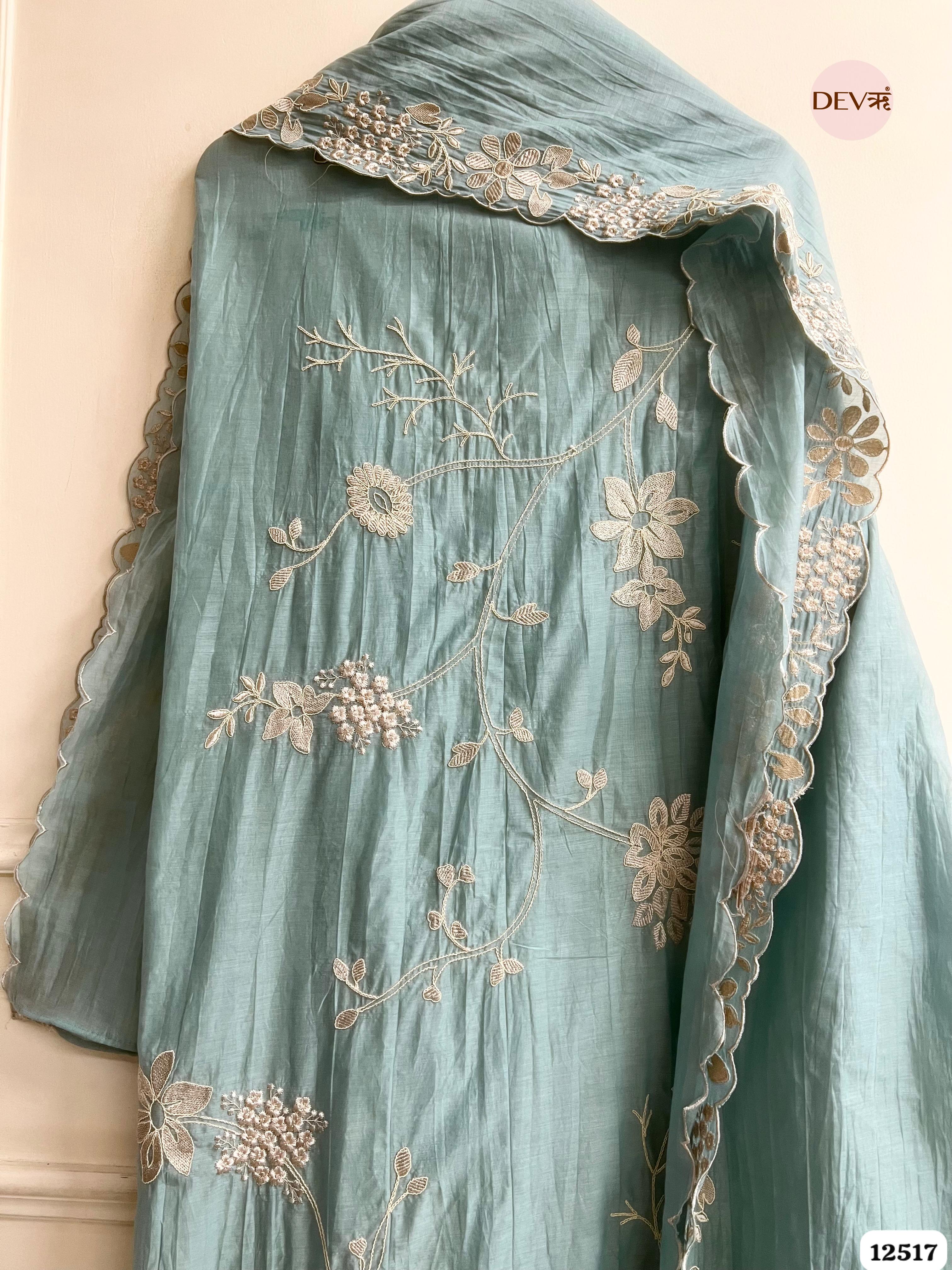 teal Mul Cotton Embroidered Unstitched 3-Piece Suit (Devri – D.No 12517)