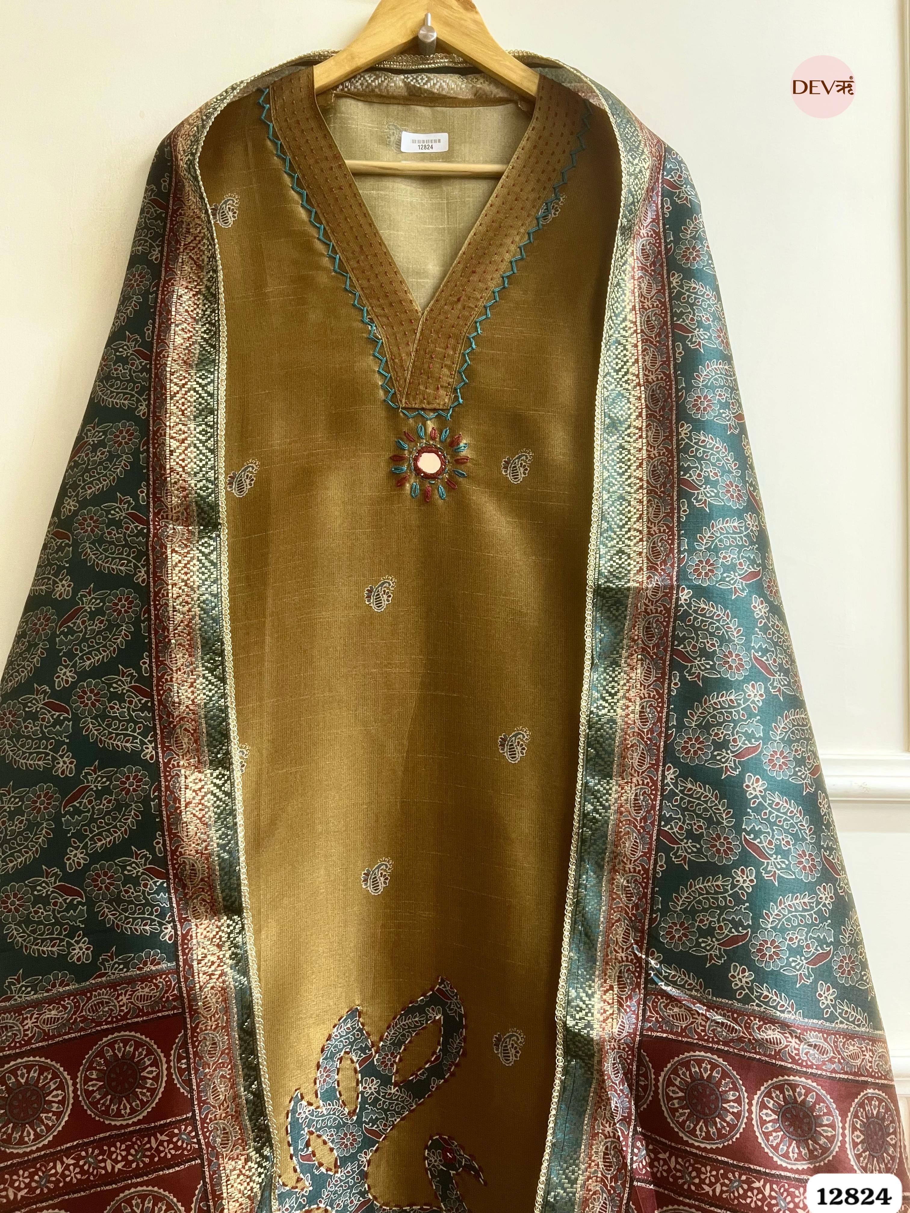 Olive Chanderi Silk Printed Unstitched 3-Piece Suit (Devri – D.No 12824)