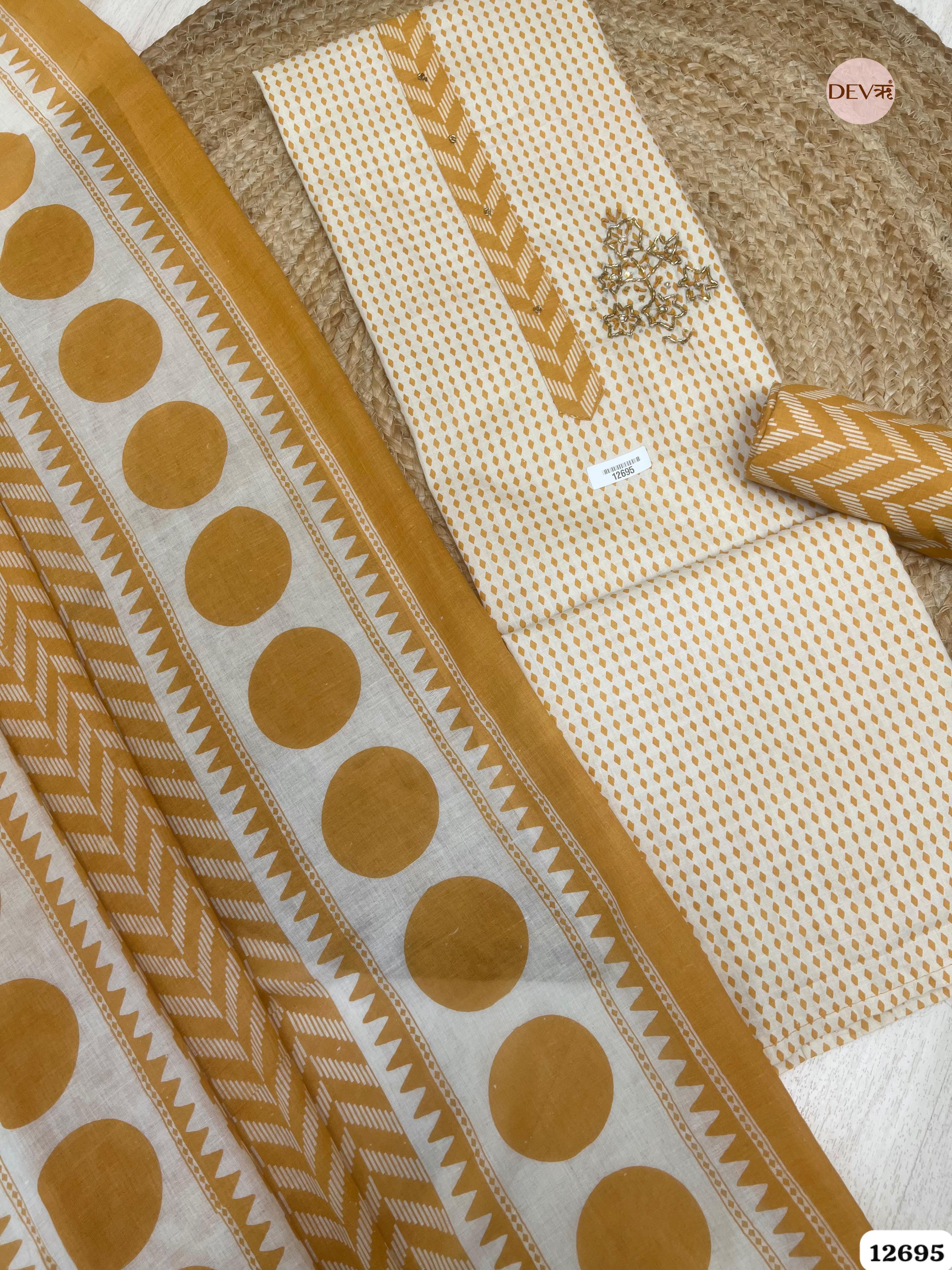 Mustard Yellow Cotton Printed Unstitched 3-Piece Suit (Devri – D.No 12695)