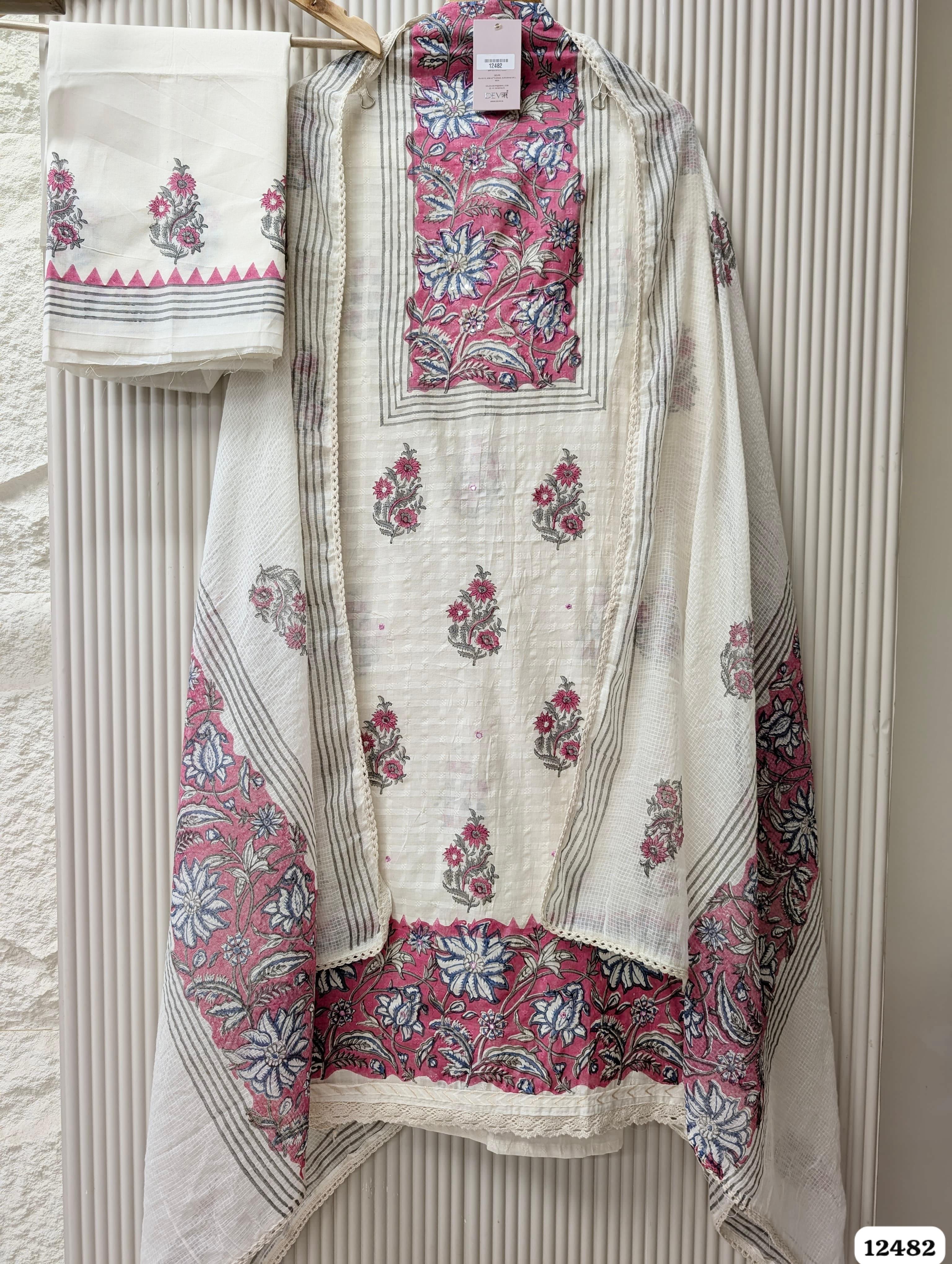 white & Pink Pure Cotton Printed Unstitched 3-Piece Suit (Devri – D.No 12482)