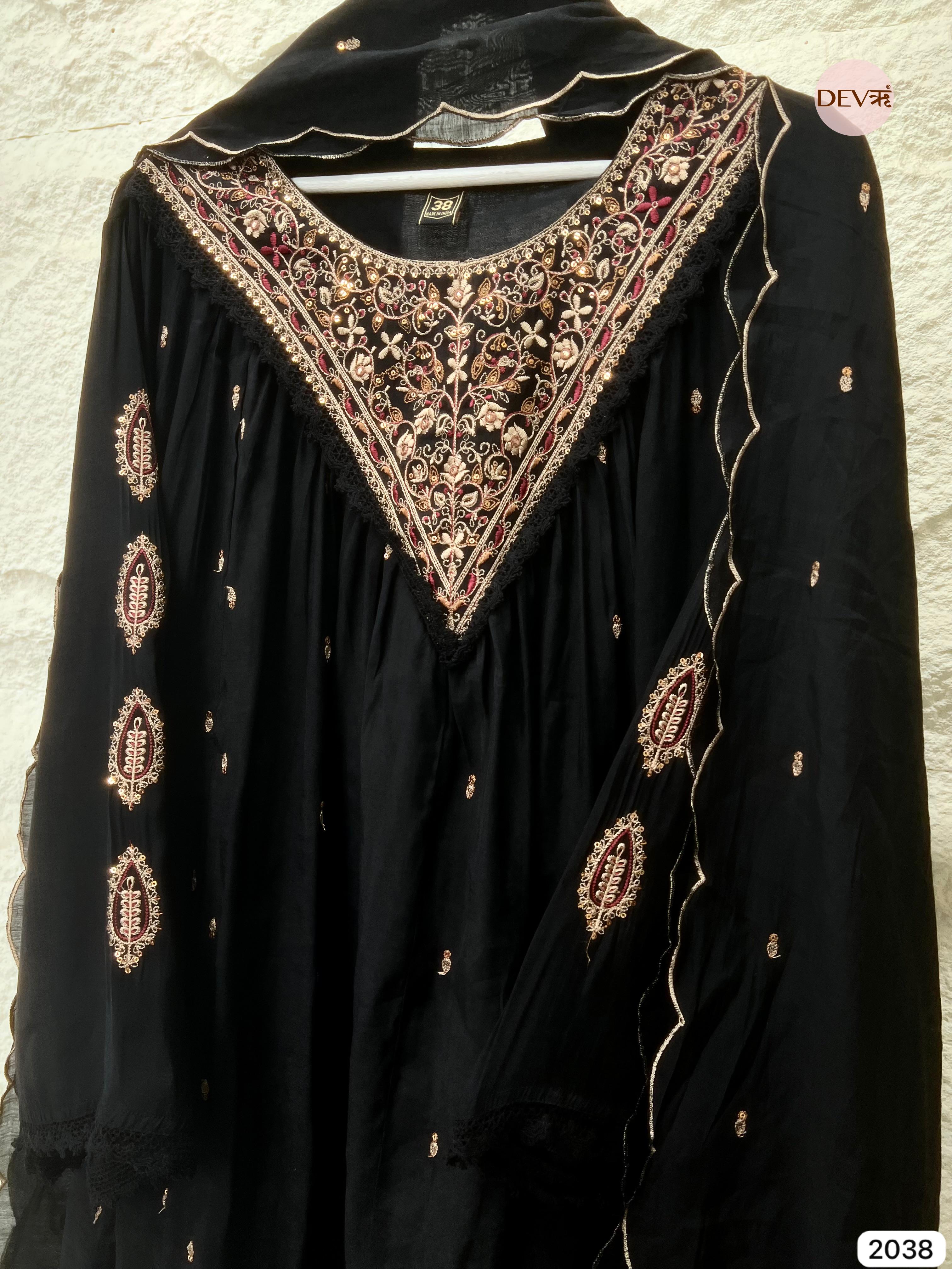 Kashvi Mul Chanderi Embroidered Black 3-Piece Set (Devri – D.No 2038)