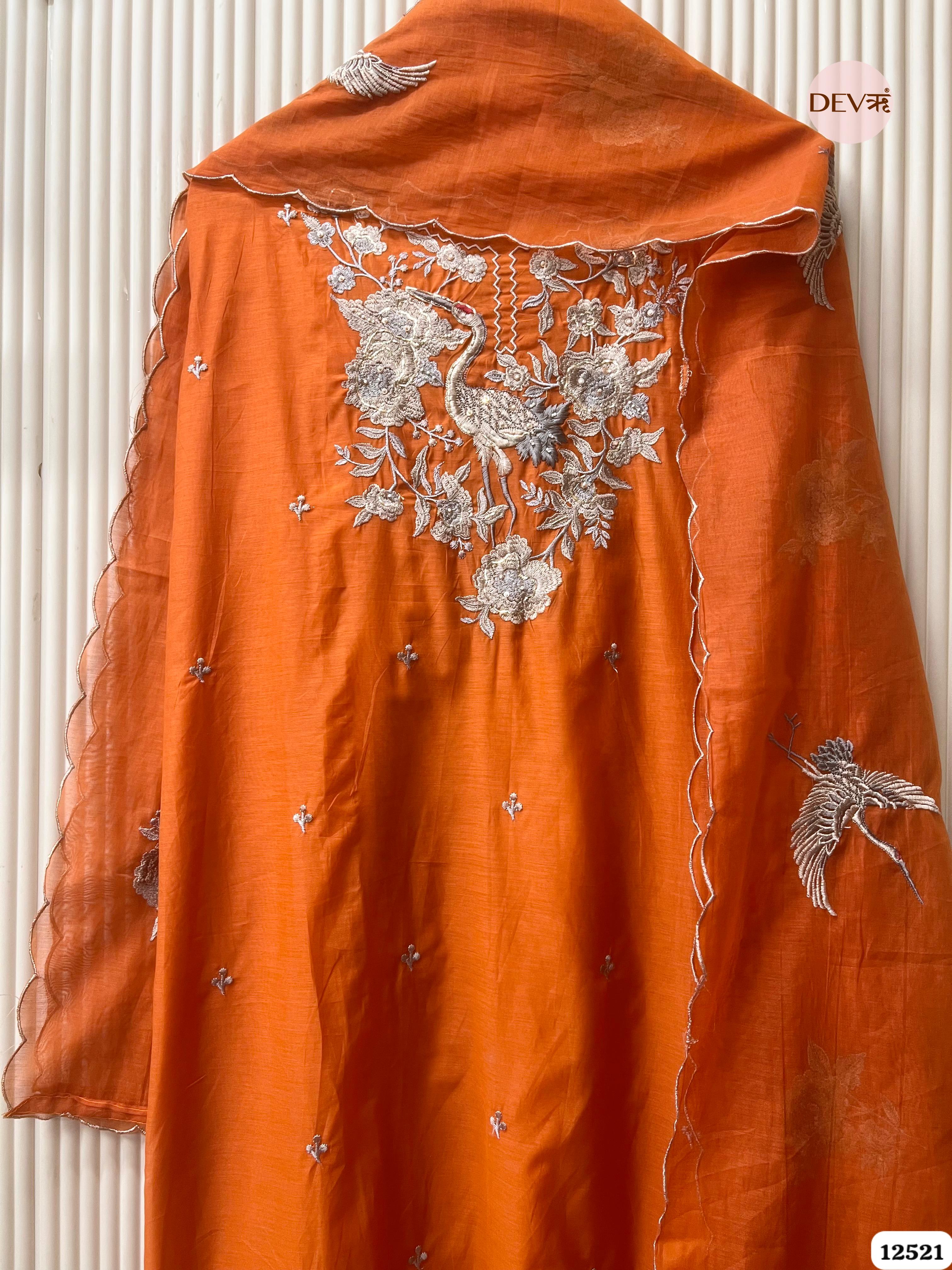 Orange Pure Mul Chanderi Embroidered Unstitched 3-Piece Suit (Devri – D.No 12521)