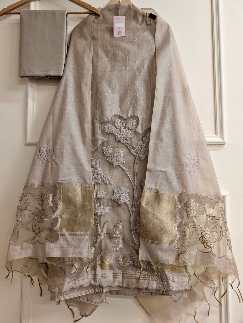 Taupe Mul Chanderi Embroidered Unstitched 3-Piece Suit (Devri – D.No 13815)