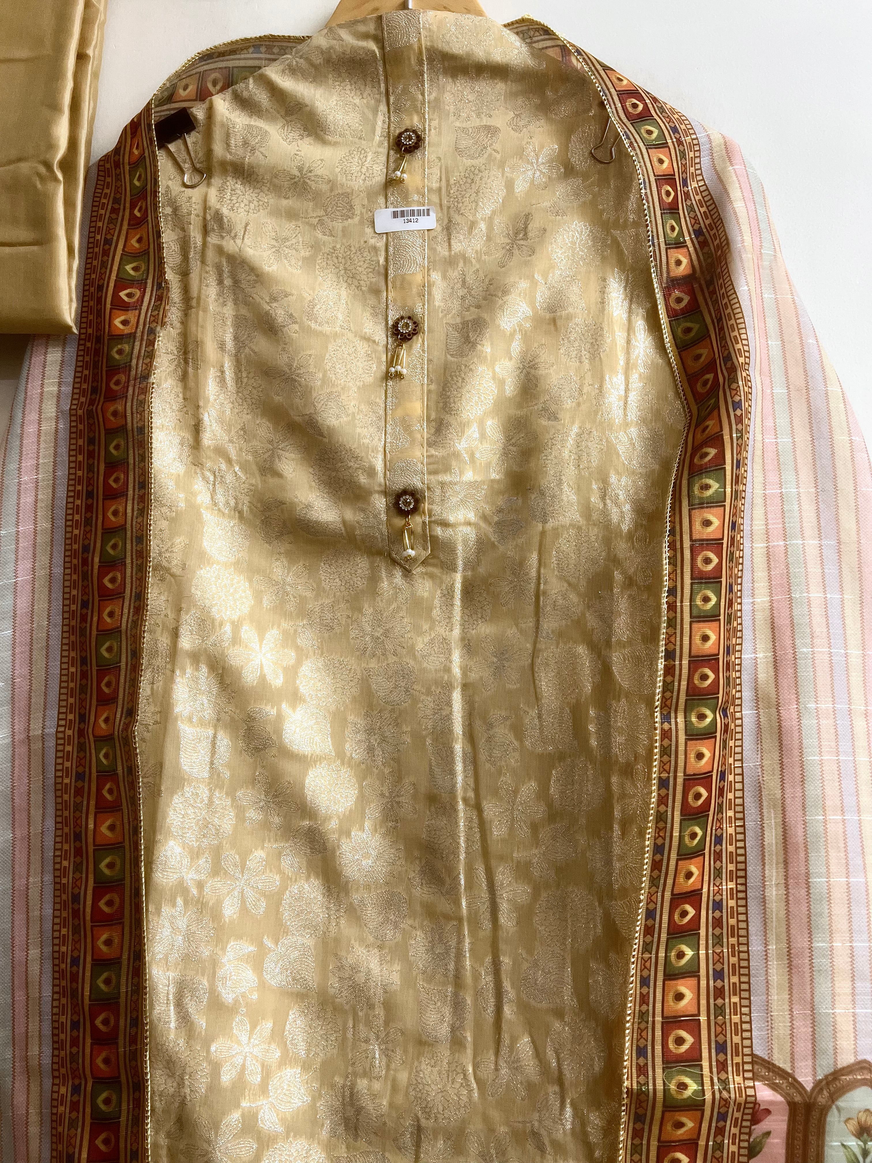 Beige Silk Blend Printed Unstitched 3-Piece Suit (Devri – D.No 13412)