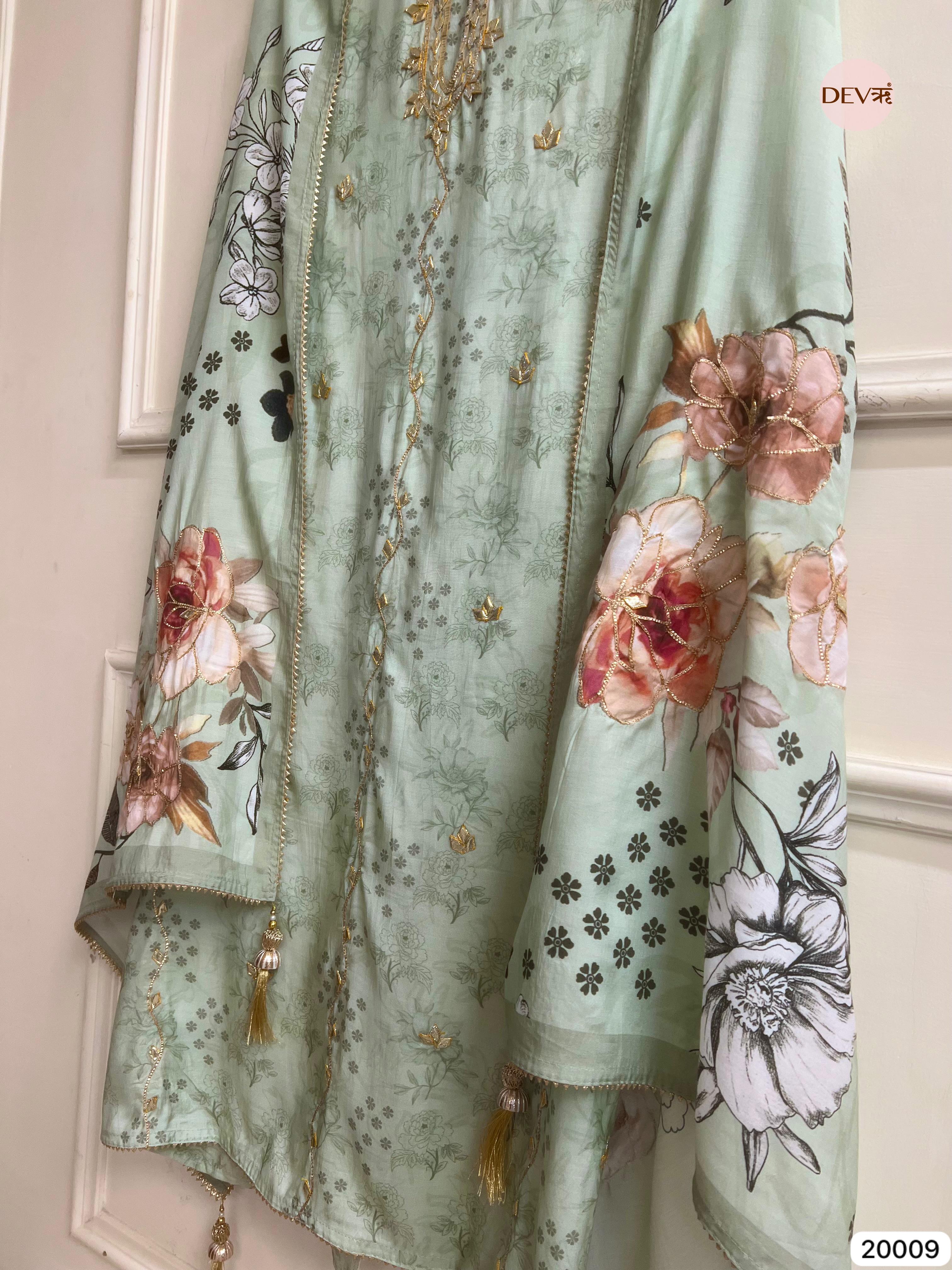Mint Green Muslin Printed and Embroidered Unstitched 3-Piece Suit (Devri – D.No 20009)